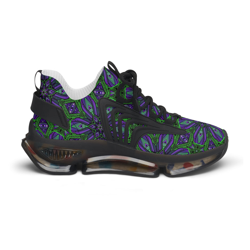 Women's Mesh Sneakers — Purple Green Kaleidoscope Floral Pattern. #it97007
