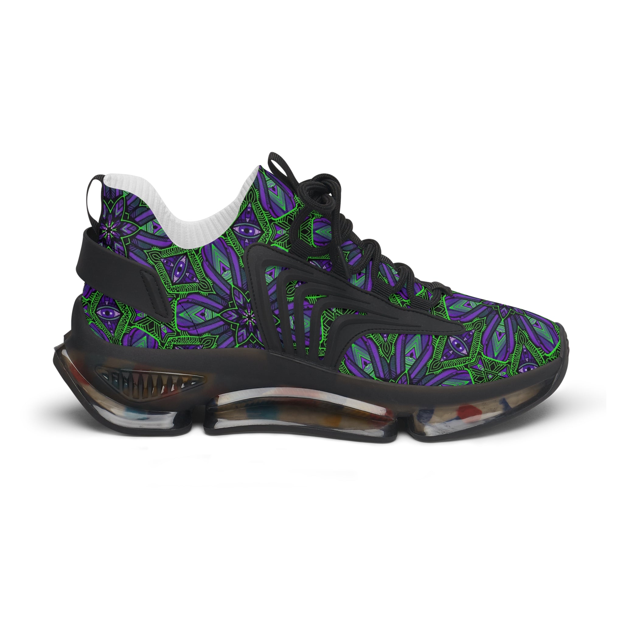 Women's Mesh Sneakers — Purple Green Kaleidoscope Floral Pattern. #it97007