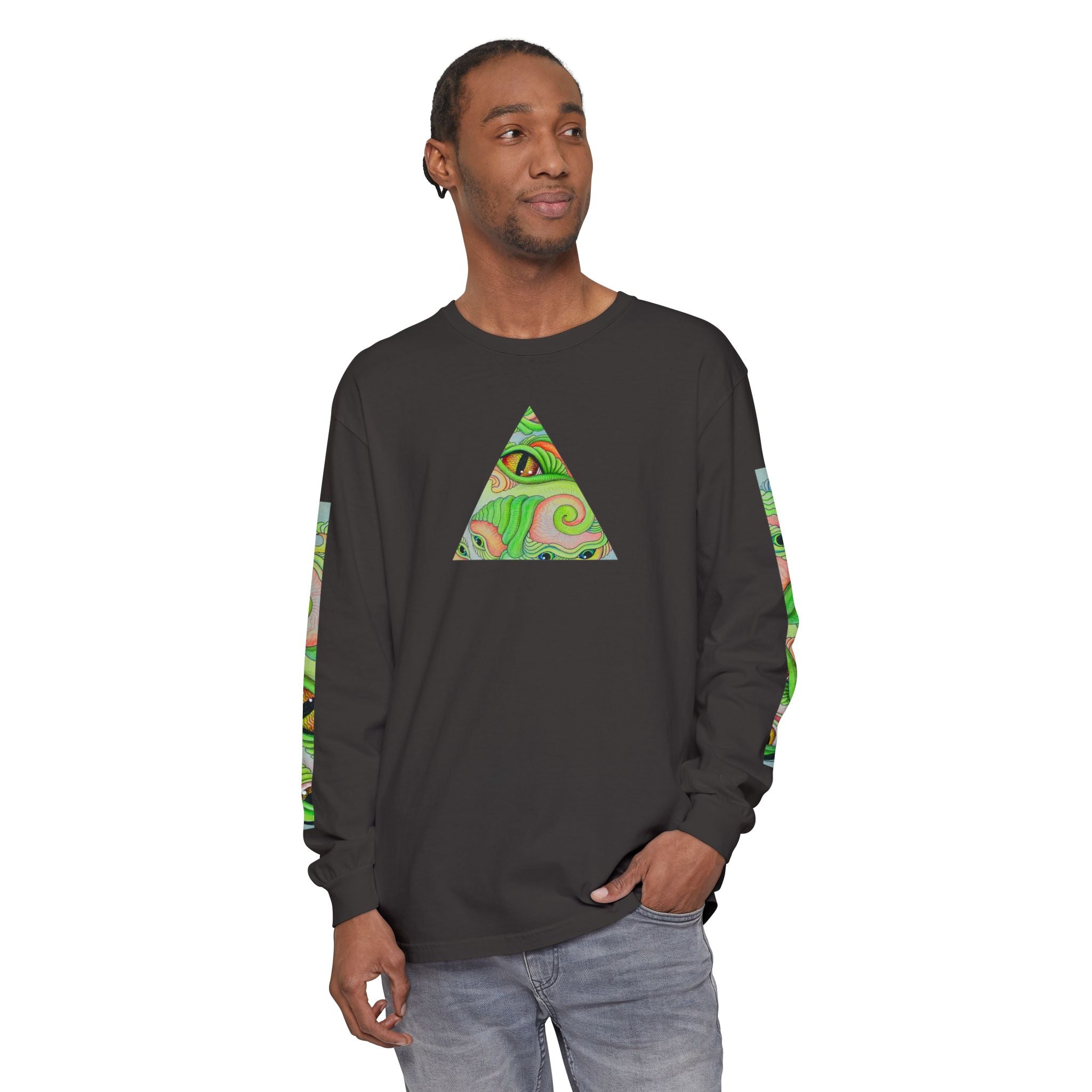 Psychedelic Green Triangle Long Sleeve Tee — Tribal Star Sleeve Artwork #gf086357