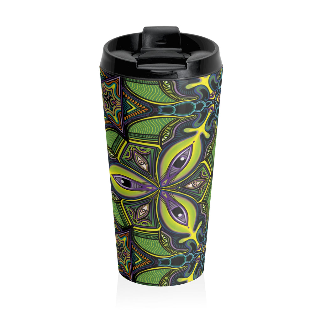 Green Psychedelic Floral Stainless Steel Travel Mug — Insulated Kaleidoscope Design
