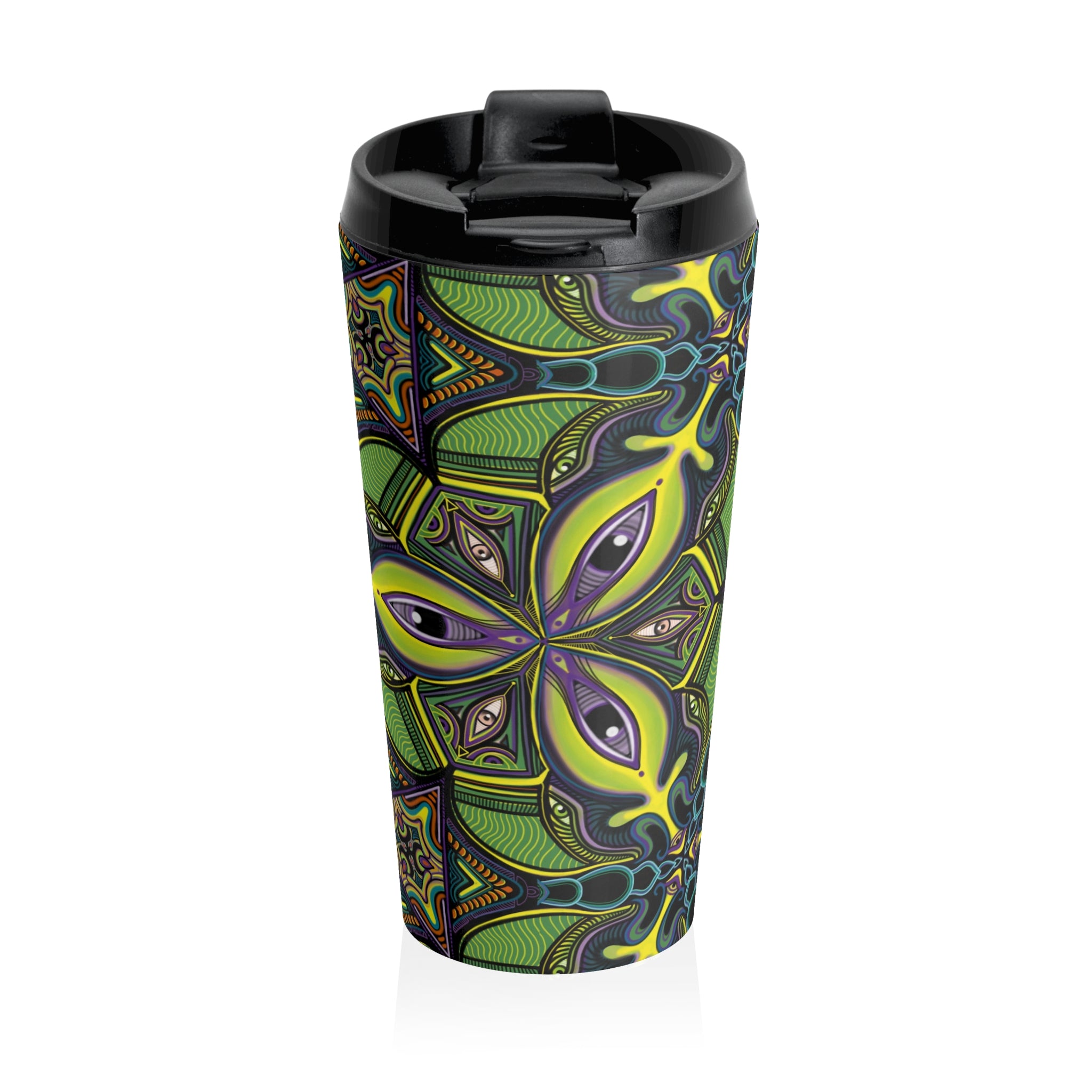 Green Psychedelic Floral Stainless Steel Travel Mug — Insulated Kaleidoscope Design
