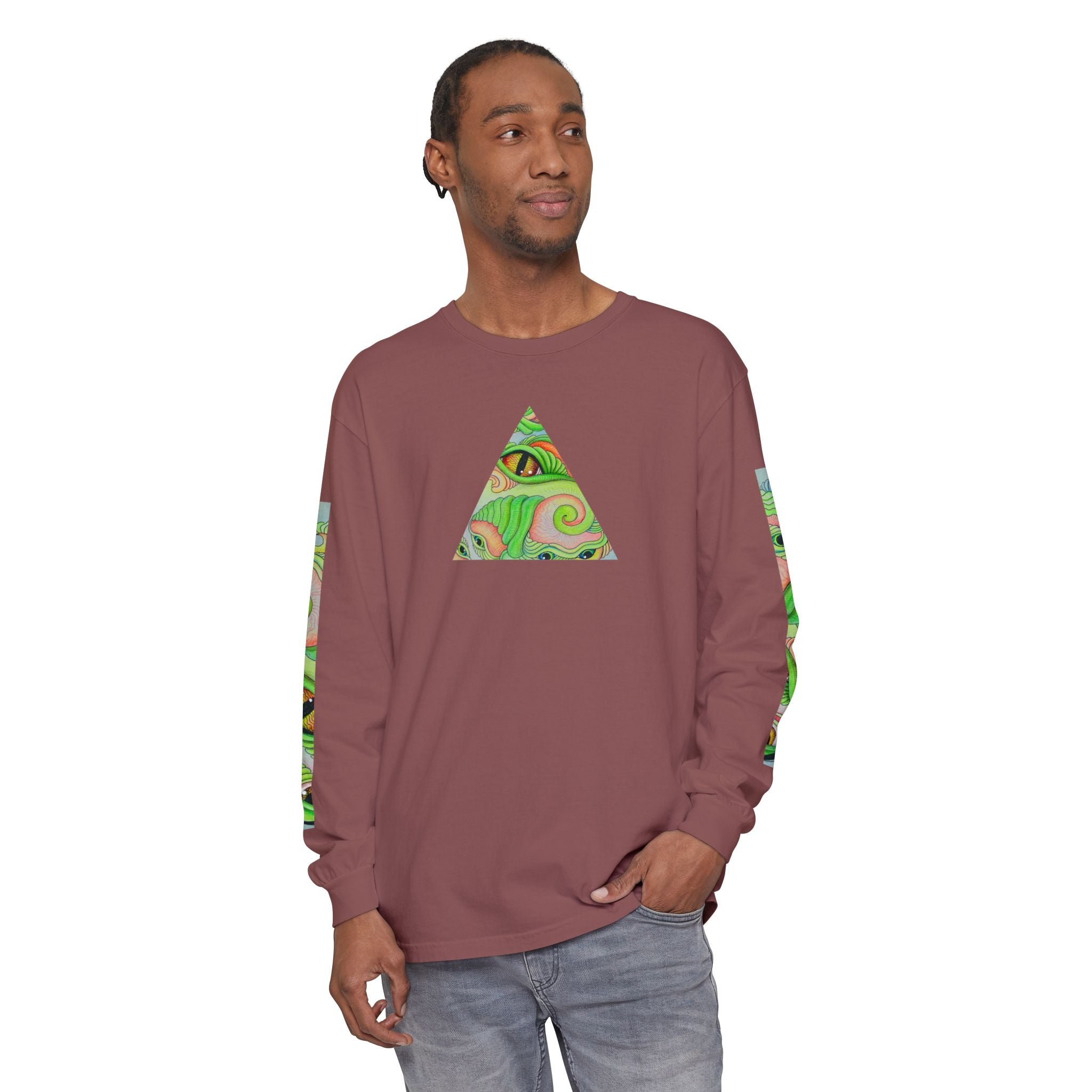 Psychedelic Green Triangle Long Sleeve Tee — Tribal Star Sleeve Artwork #gf086357