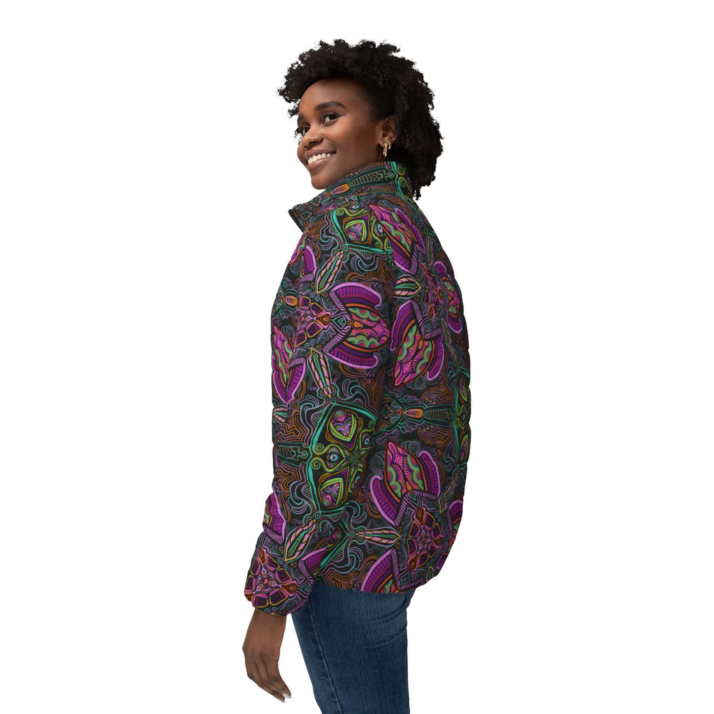 Puffer Jacket — Psychedelic Floral Kaleidoscope Print, Women's All-Over Pattern #pj469