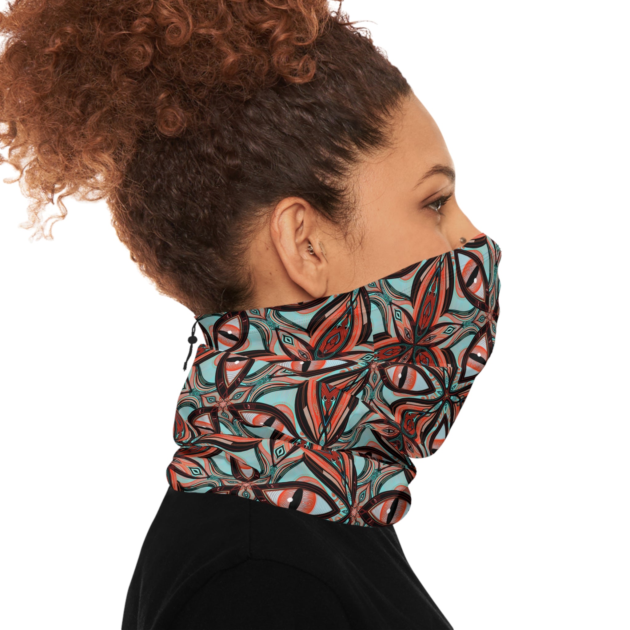 Patterned Winter Neck Gaiter — Red Teal Geometric Drawstring Face Mask