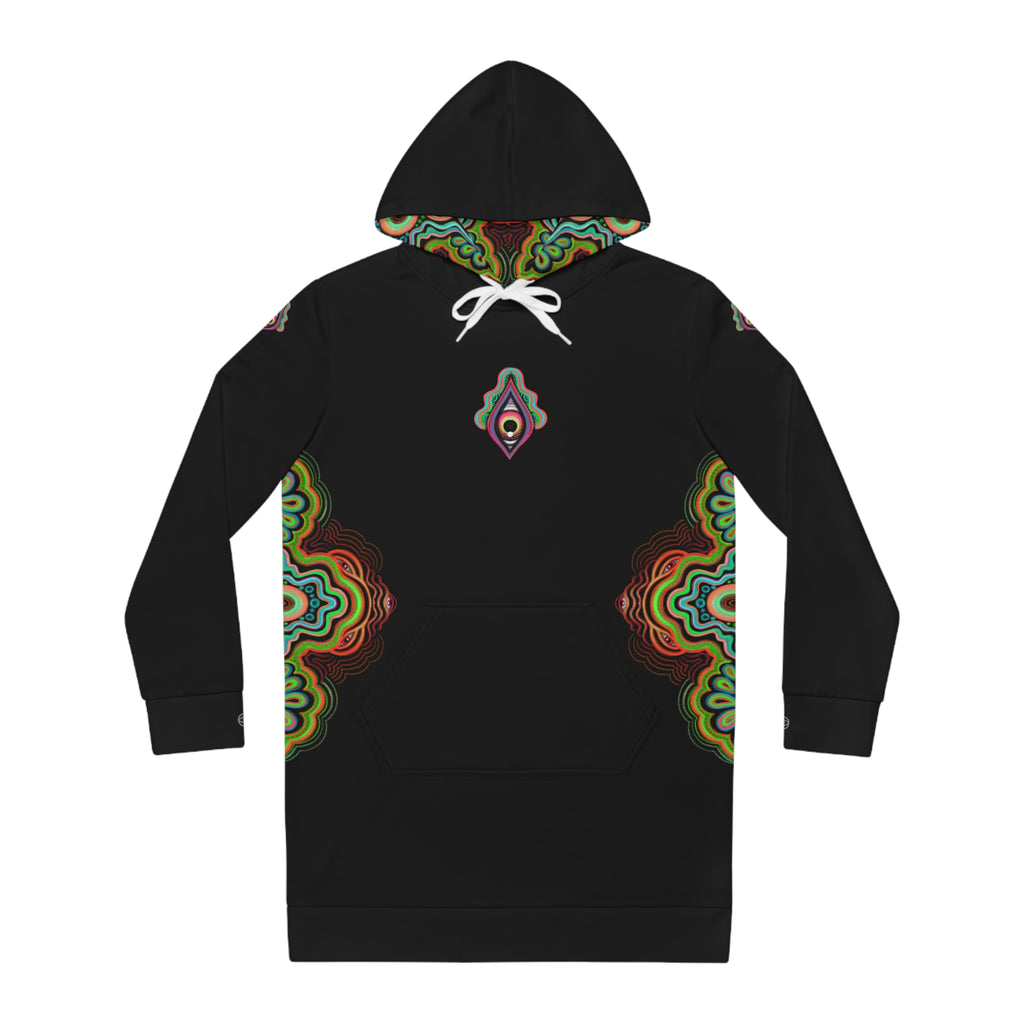 Mandala Glow Hoodie Dress - Women's Black AOP Pullover #hd4