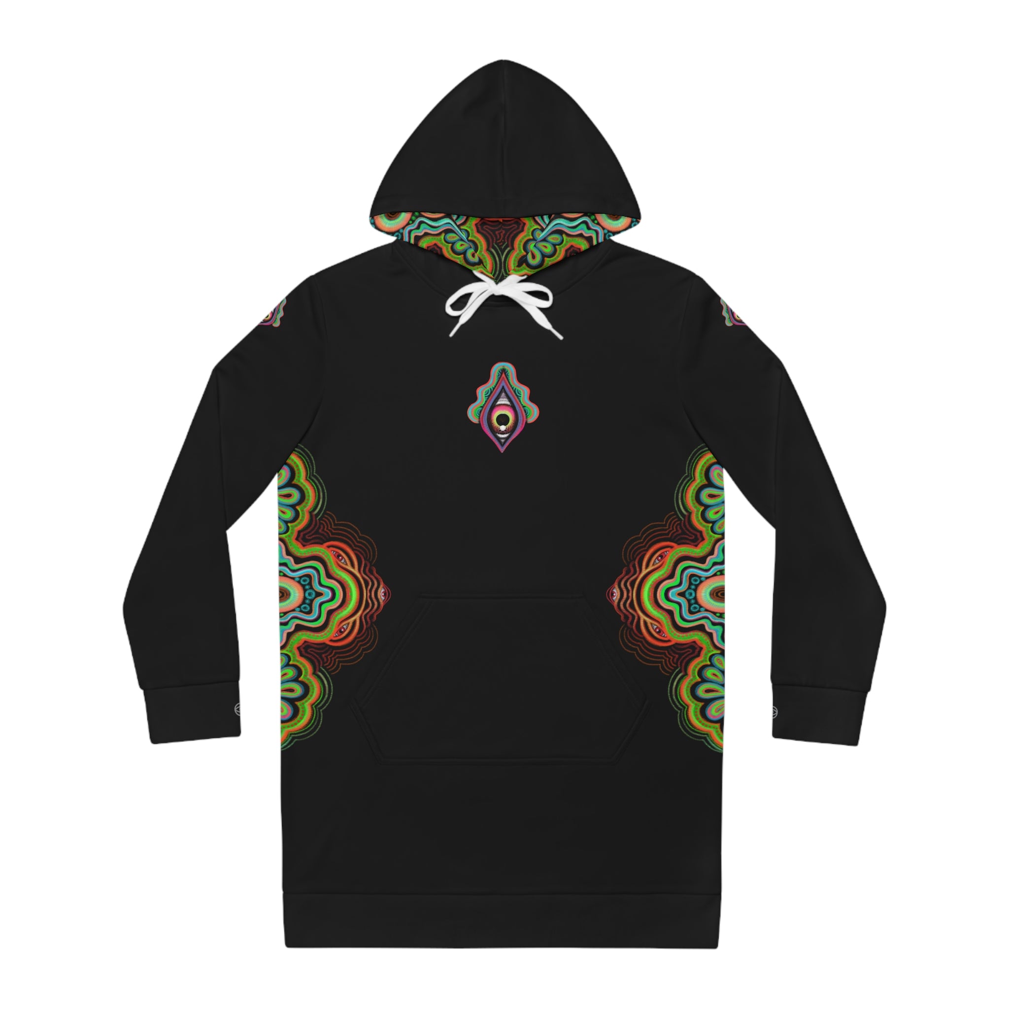 Mandala Glow Hoodie Dress - Women's Black AOP Pullover #hd4
