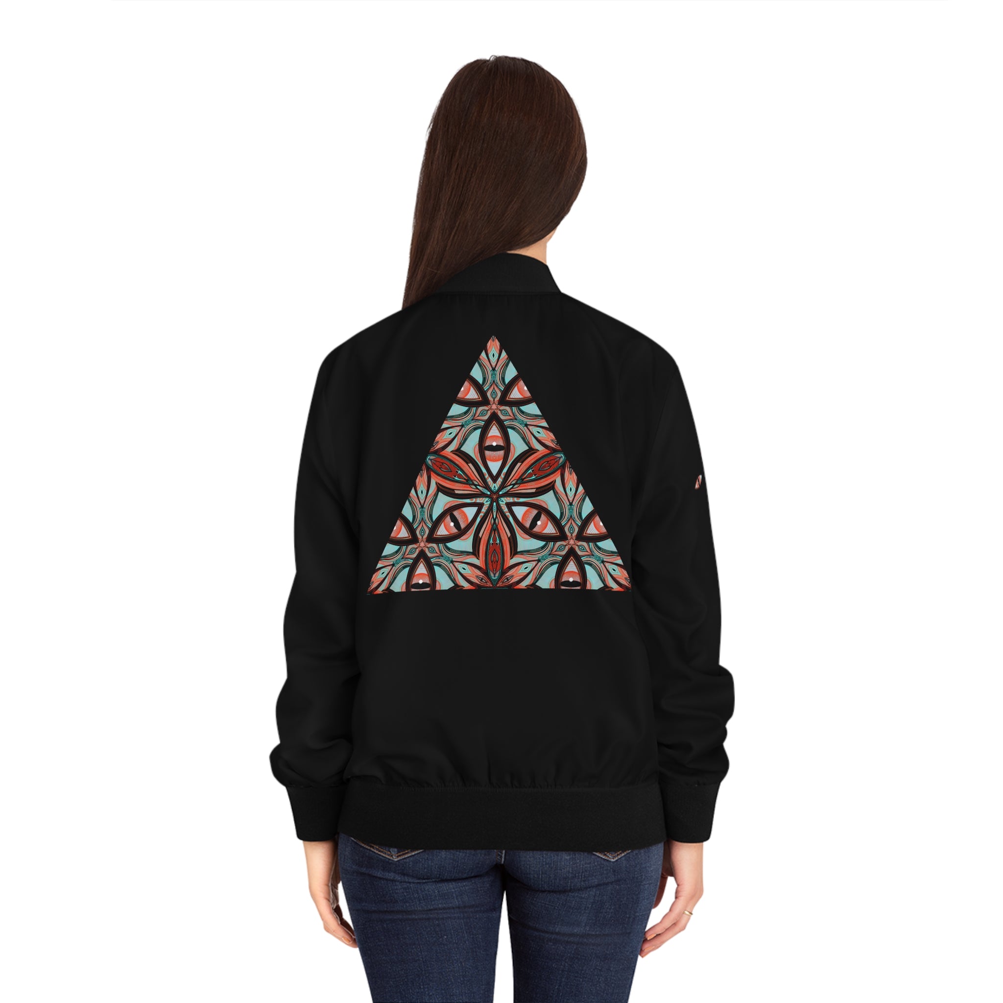 Geometric Mosaic Women's Bomber Jacket — Retro Triangle Pattern AOP