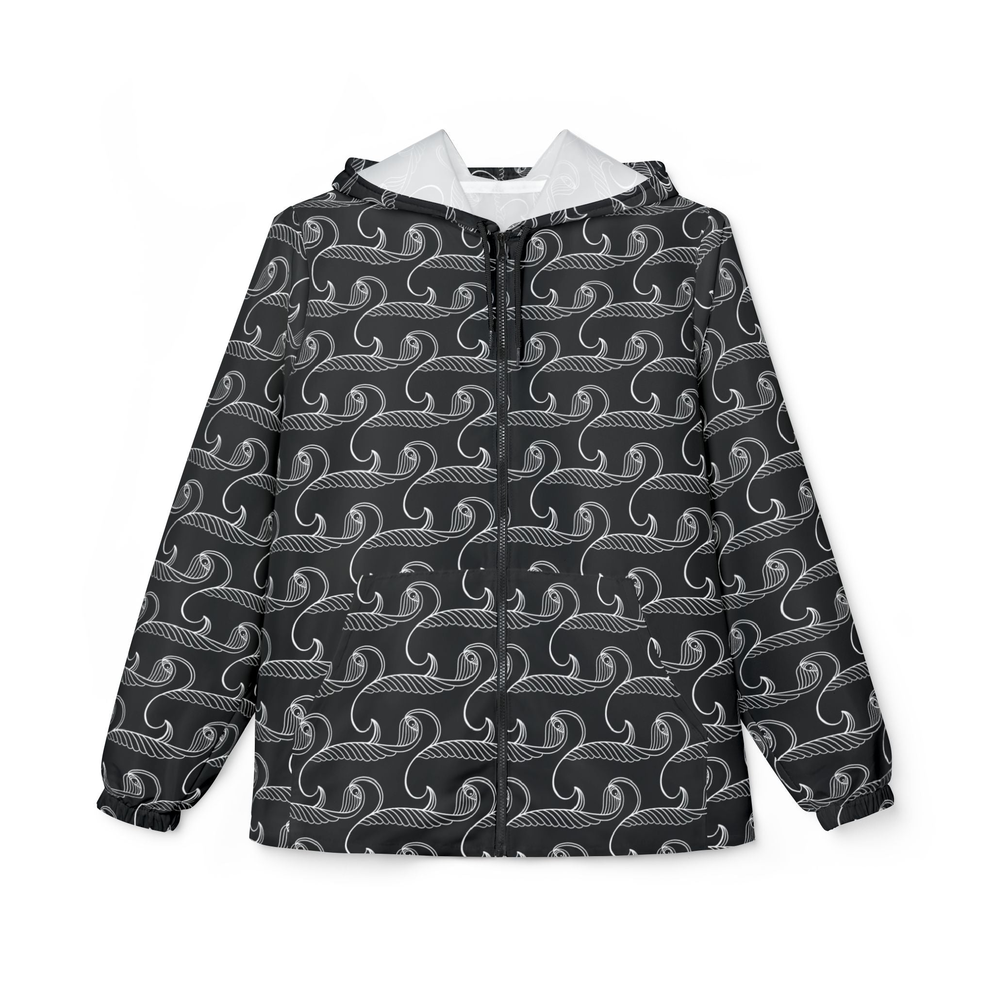 Wave Pattern Windbreaker Jacket — Monochrome Swirl All-Over Print #x7539