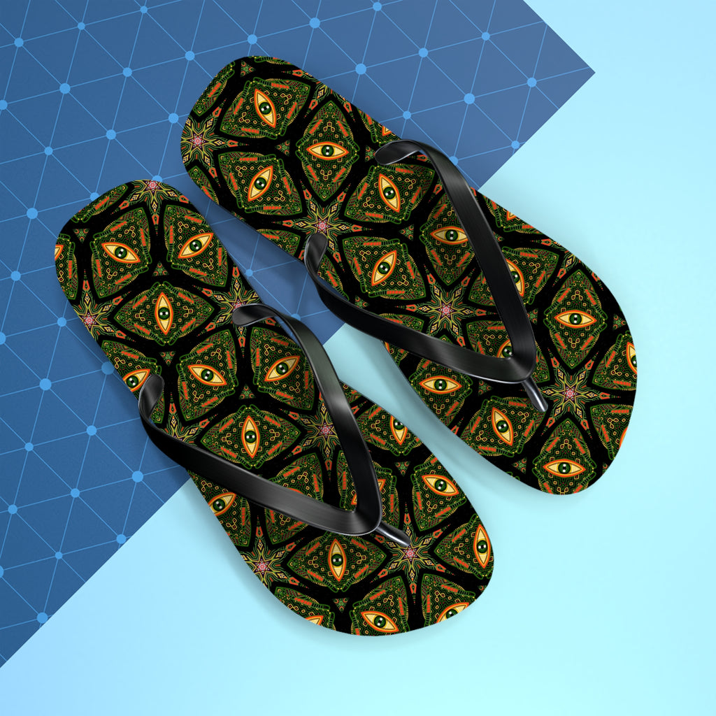 Kaleidoscope Green Pattern Flip Flops — Boho Summer Beach Sandals #k9753