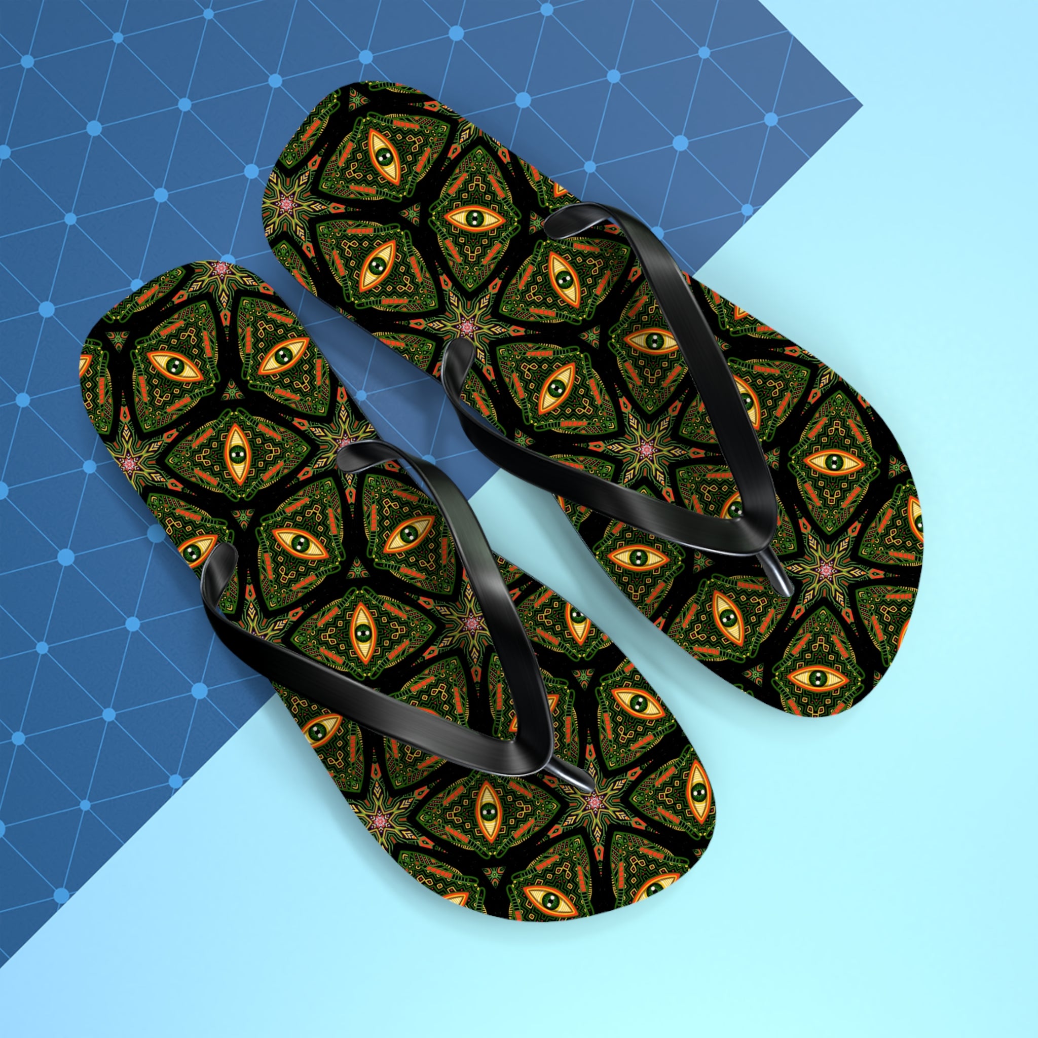 Kaleidoscope Green Pattern Flip Flops — Boho Summer Beach Sandals #k9753