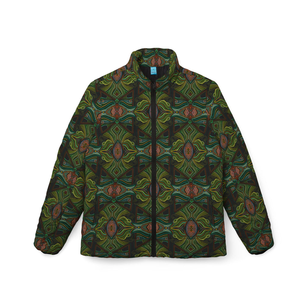 Green Kaleidoscope Women's Puffer Jacket — All-Over Pattern Winter Coat  #pj1