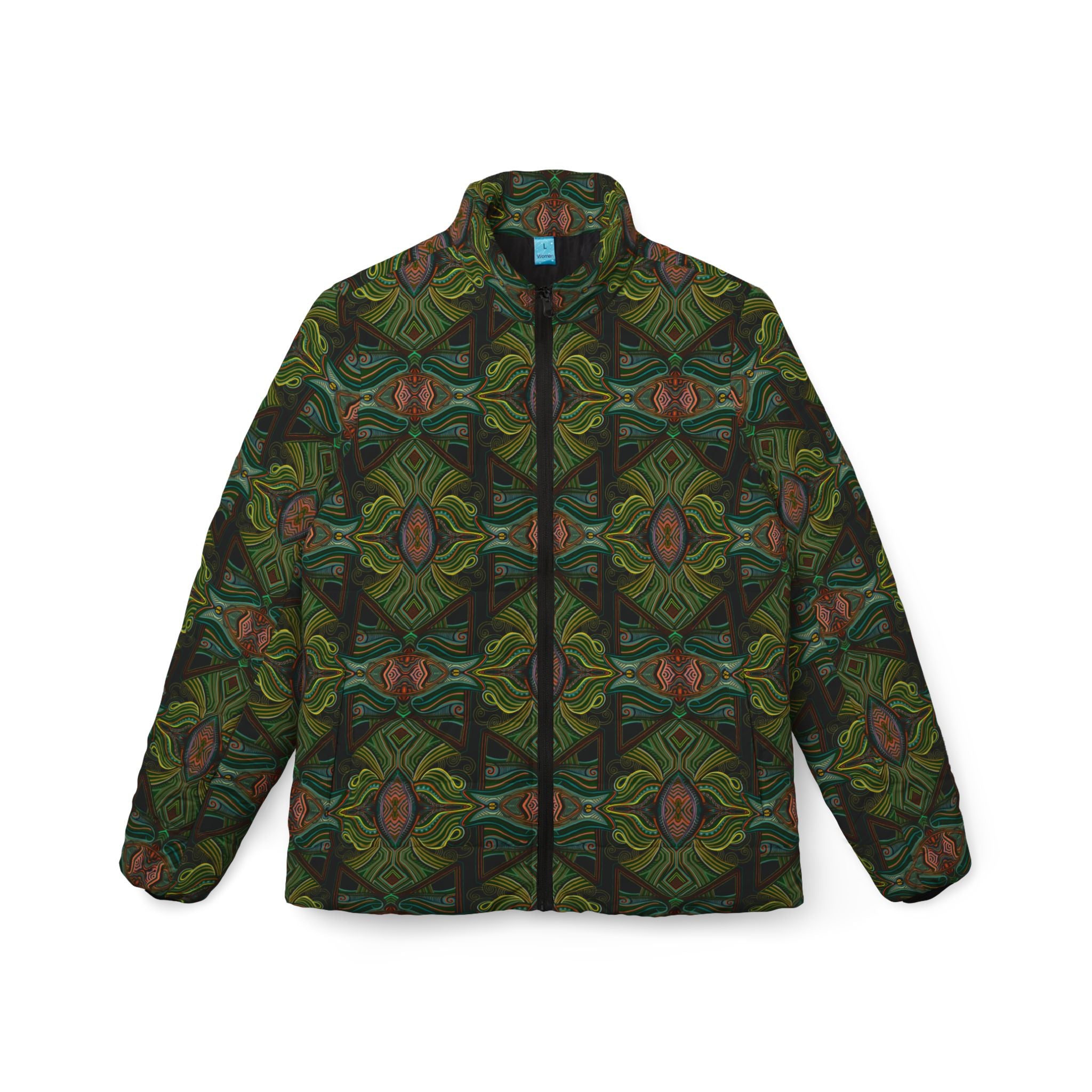 Green Kaleidoscope Women's Puffer Jacket — All-Over Pattern Winter Coat  #pj1