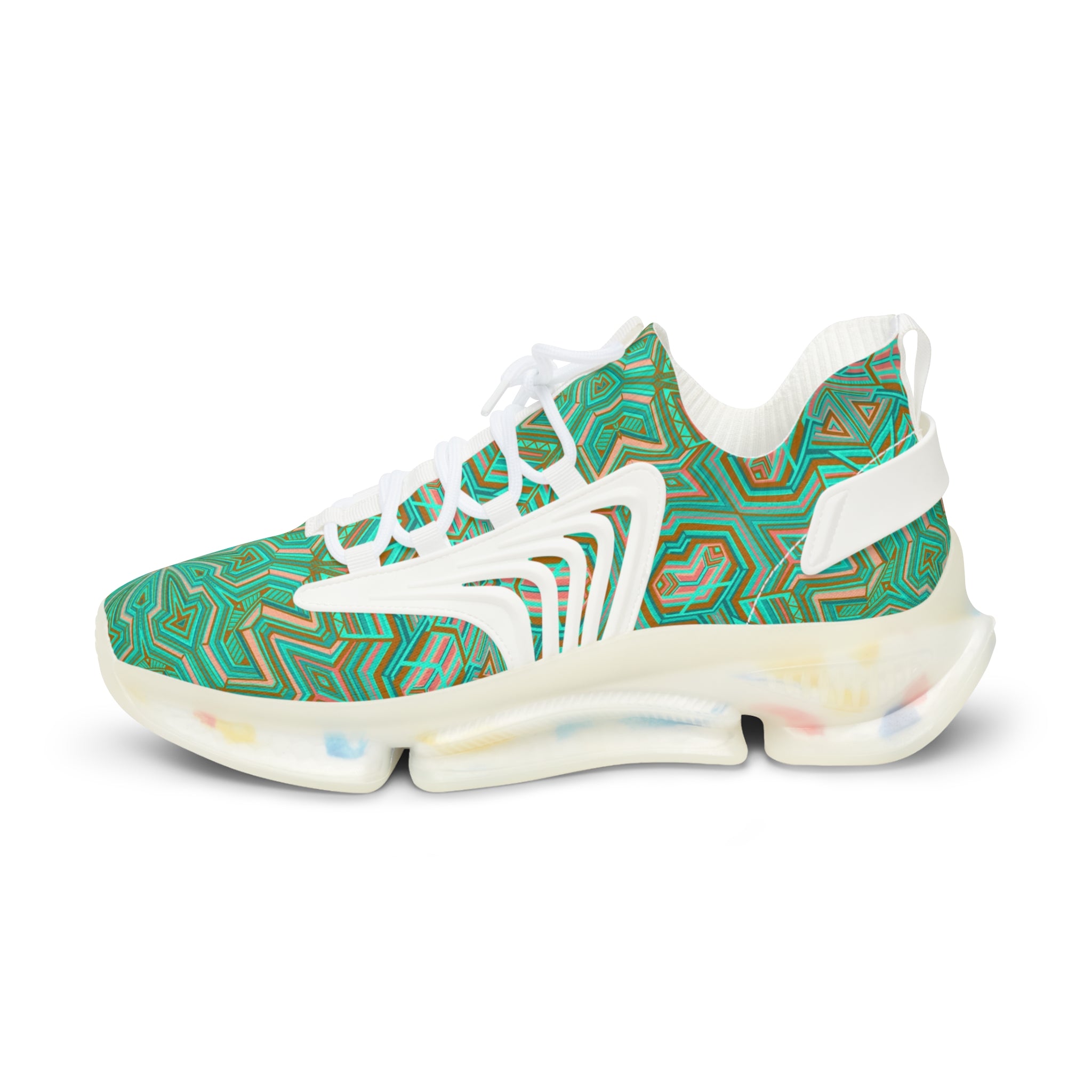 Green Geometric Mesh Sneakers — Men's Athletic Shoes with Kaleidoscope Pattern #khf87656