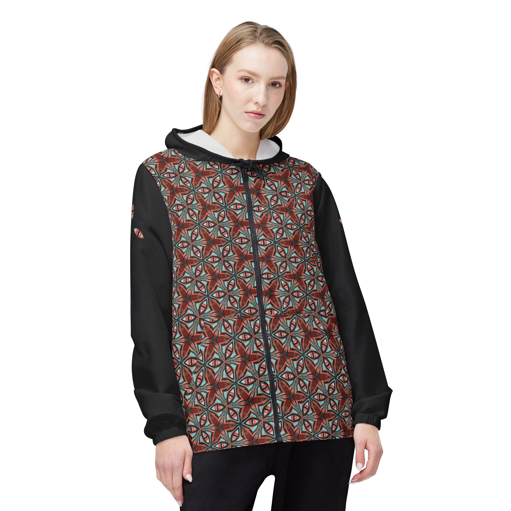 Kaleidoscope Geo Windbreaker Jacket — Patterned Triangle AOP Hooded Windbreaker #s1