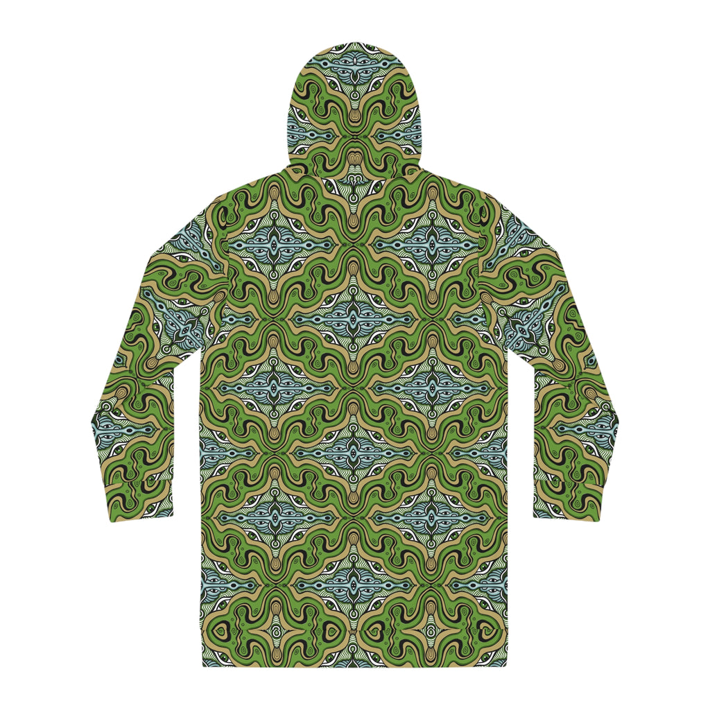 Green Kaleidoscope Hoodie Dress — All-Over-Print Boho Cozy Tunic #d13558765