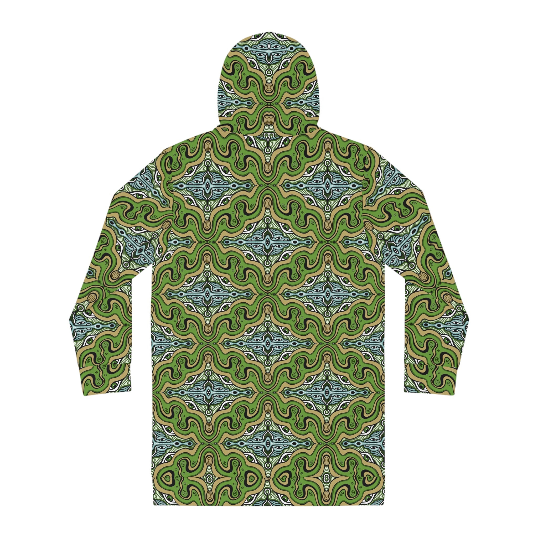 Green Kaleidoscope Hoodie Dress — All-Over-Print Boho Cozy Tunic #d13558765