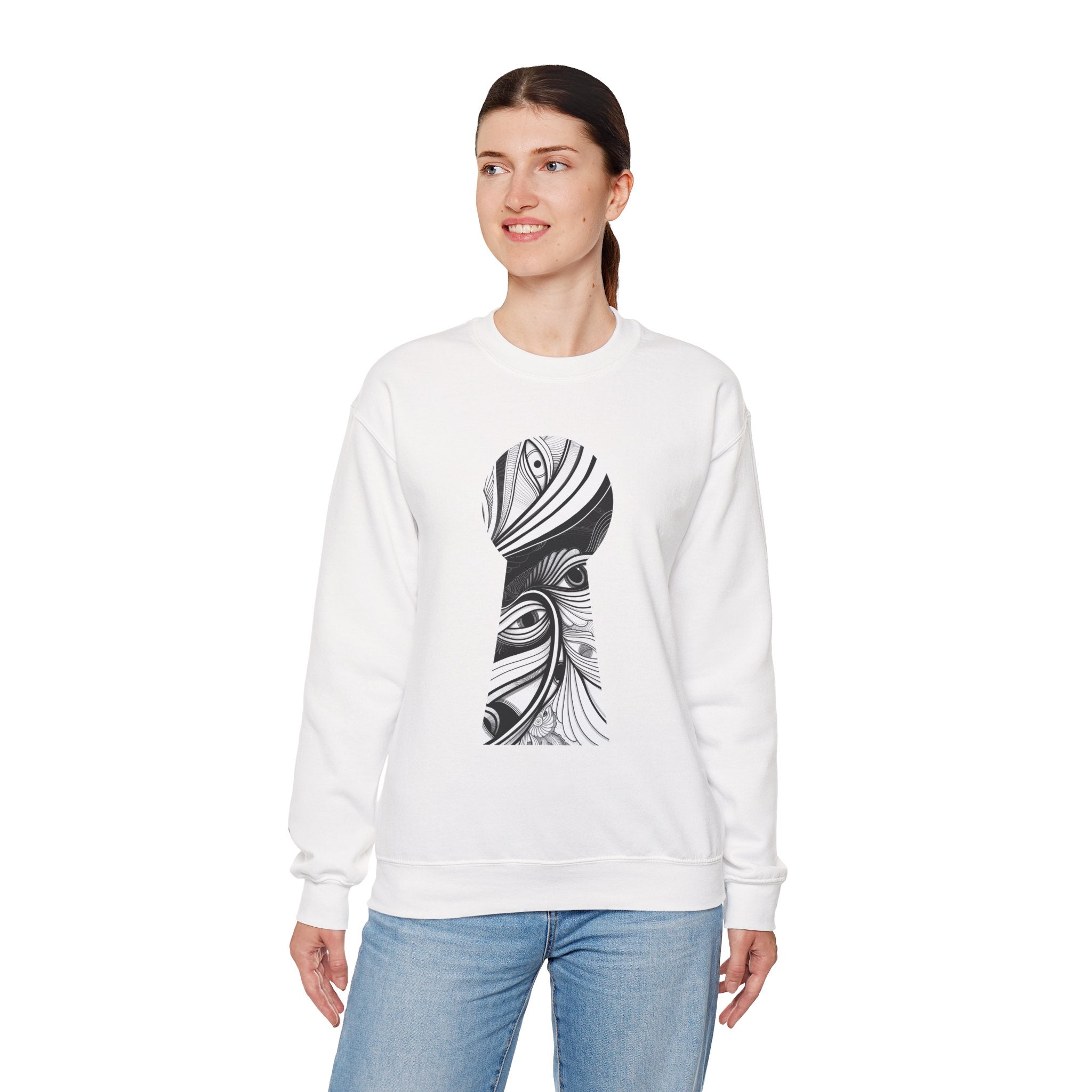 Crewneck Sweatshirt — Black & White Surreal Eye Keyhole Design #h5522168