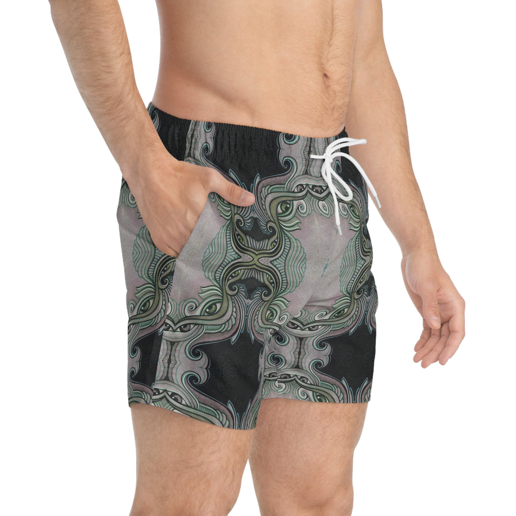 Retro Ornate Pattern Swim Trunks — Vintage Green & Pink All-Over Print #hd097532