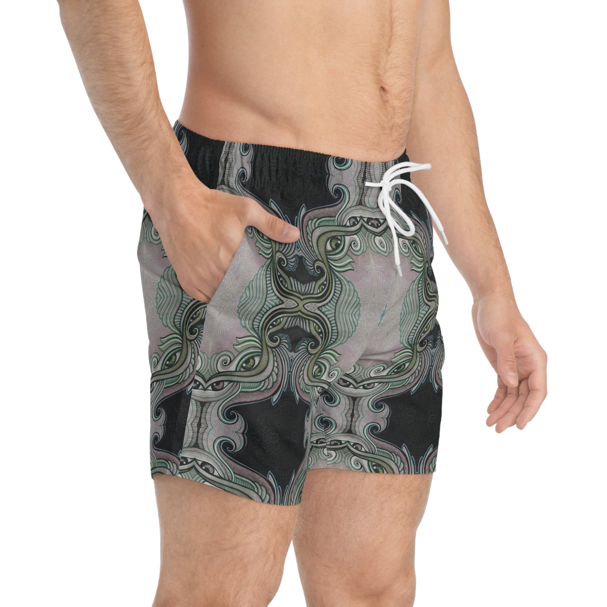 Retro Ornate Pattern Swim Trunks — Vintage Green & Pink All-Over Print #hd097532