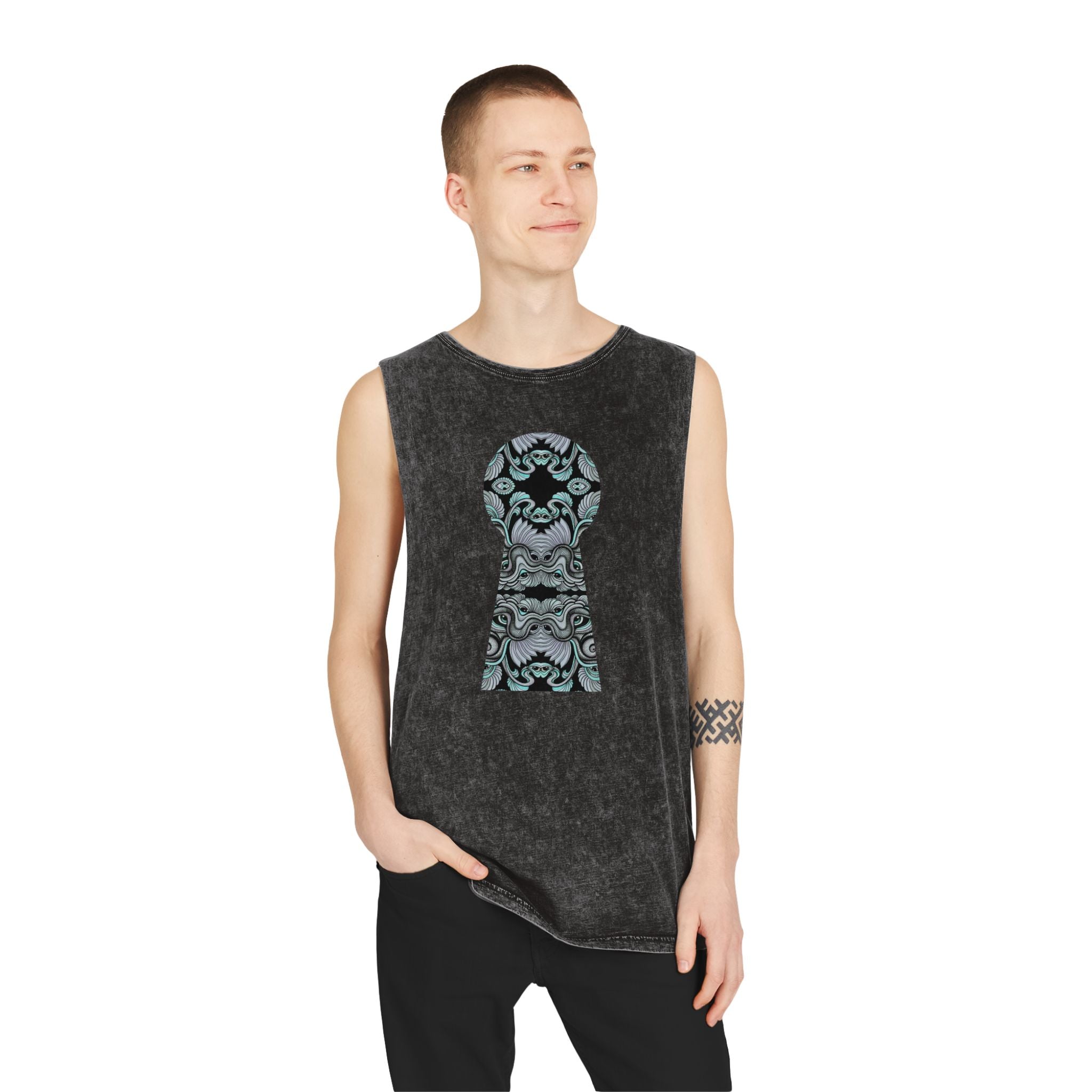 Stonewash Tank Top with Ornate Keyhole Design #sdxv24498