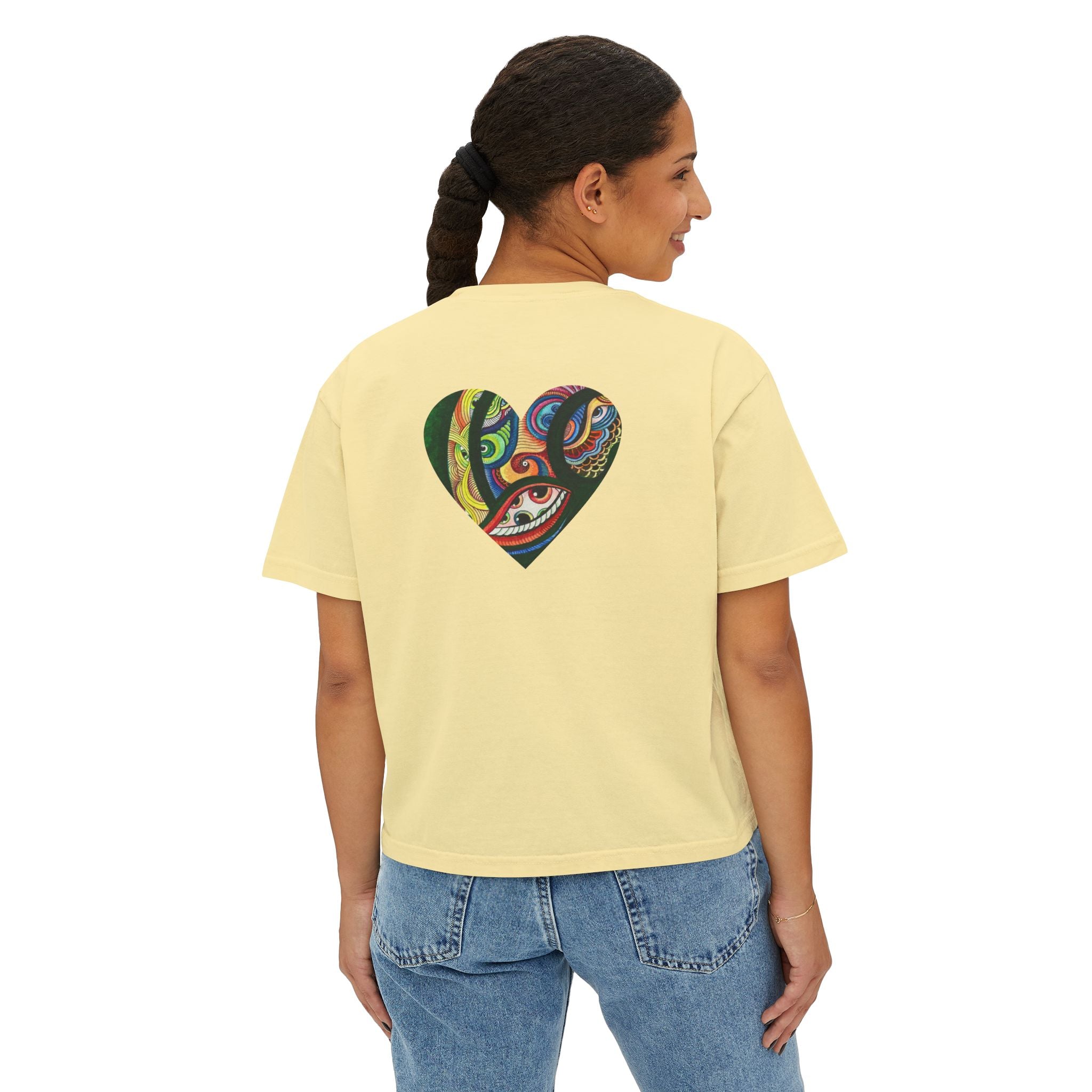 Women's Boxy Tee with Abstract Colorful Triangle (Front) & Heart (Back) Art — Casual Graphic Crop Top #hd9859