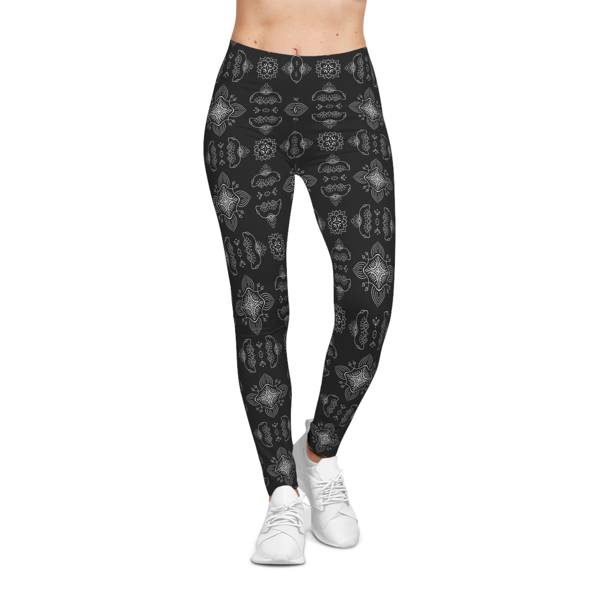 Black Tile-Patterned Women's Leggings — Elegant Monochrome All-Over Print #h0846