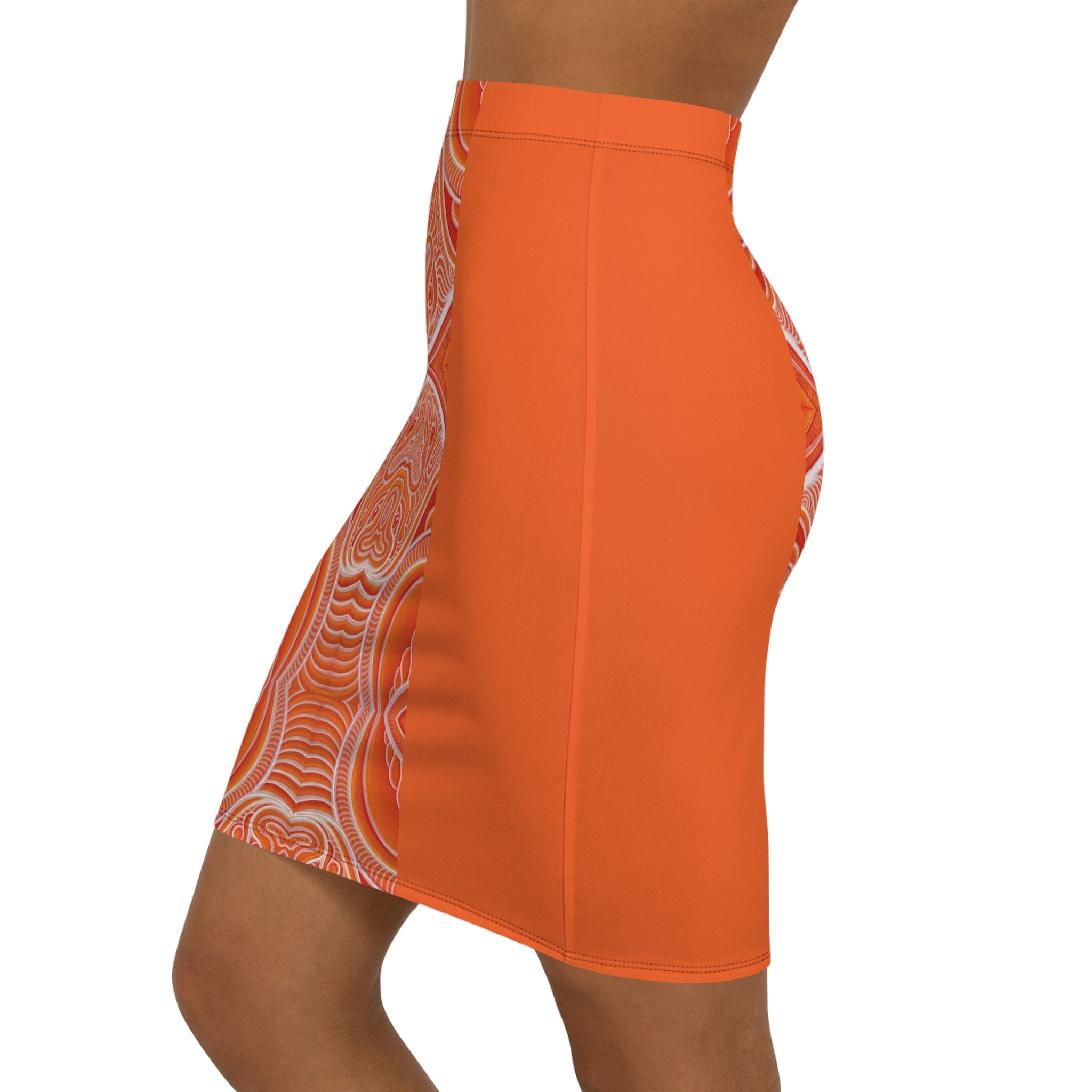 Orange Mandala Pencil Skirt — Boho Geometric Mid-Waist