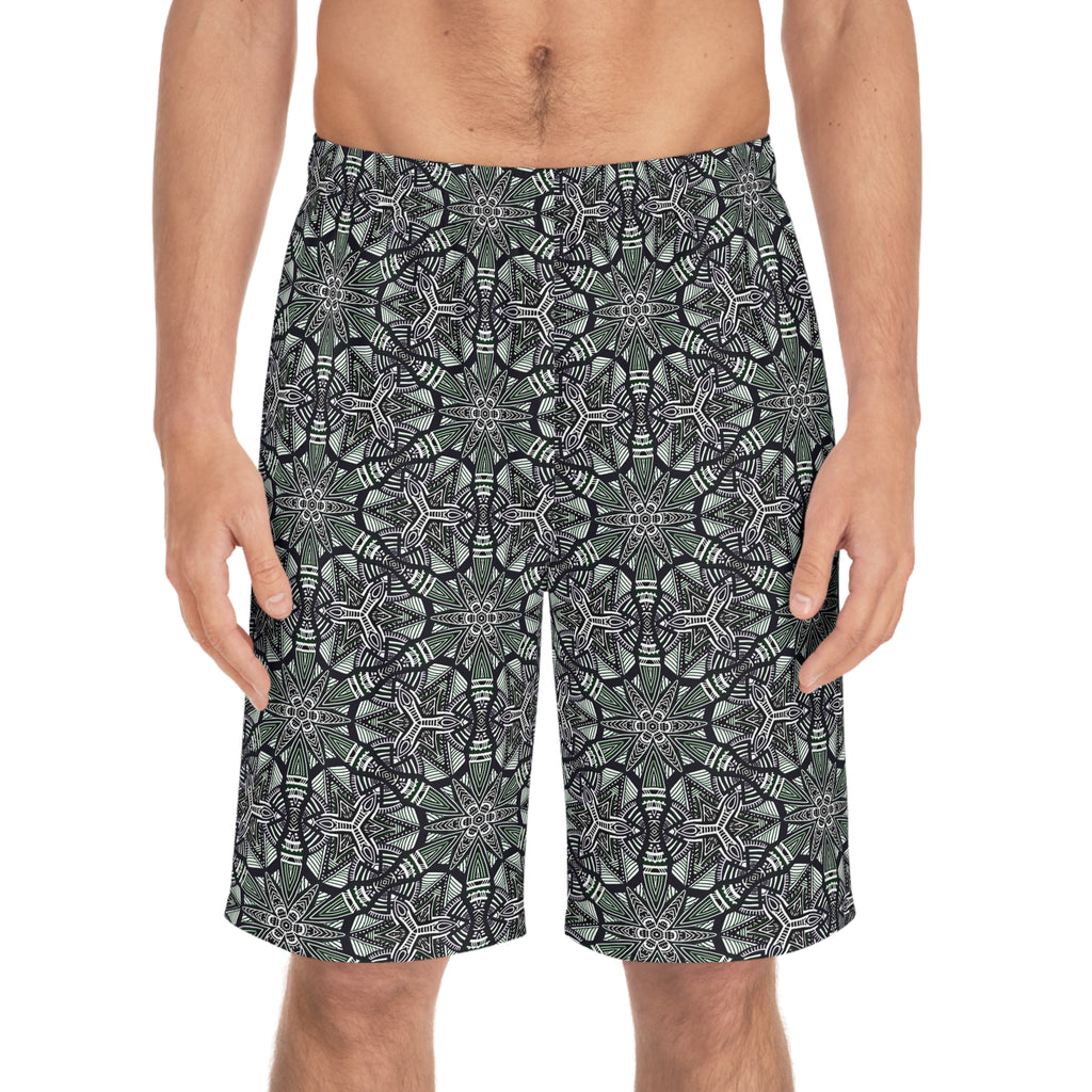 Men's Kaleidoscope Pattern Board Shorts — Green Geometric Swim Trunks #jg886479
