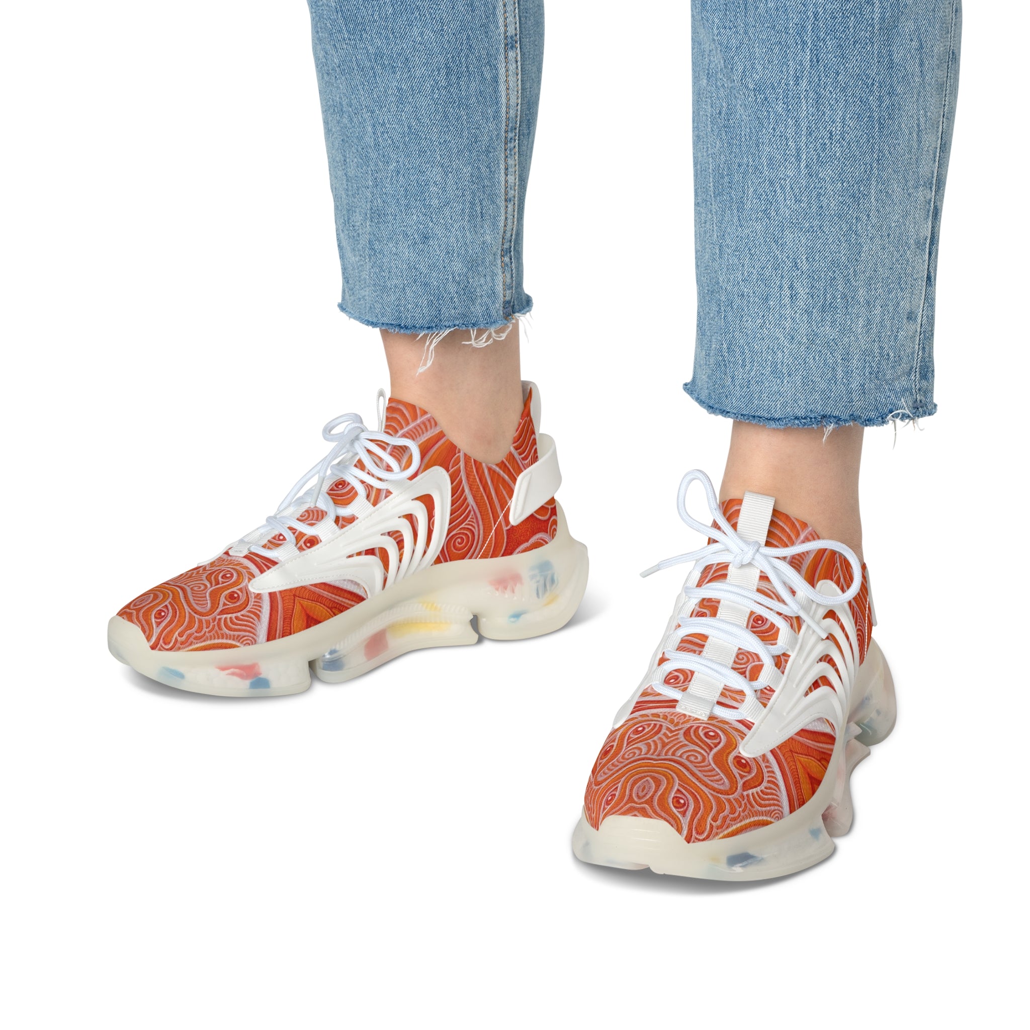Women's Mesh Sneakers — Orange Abstract Wave Pattern Lightweight Running Shoes #out866900