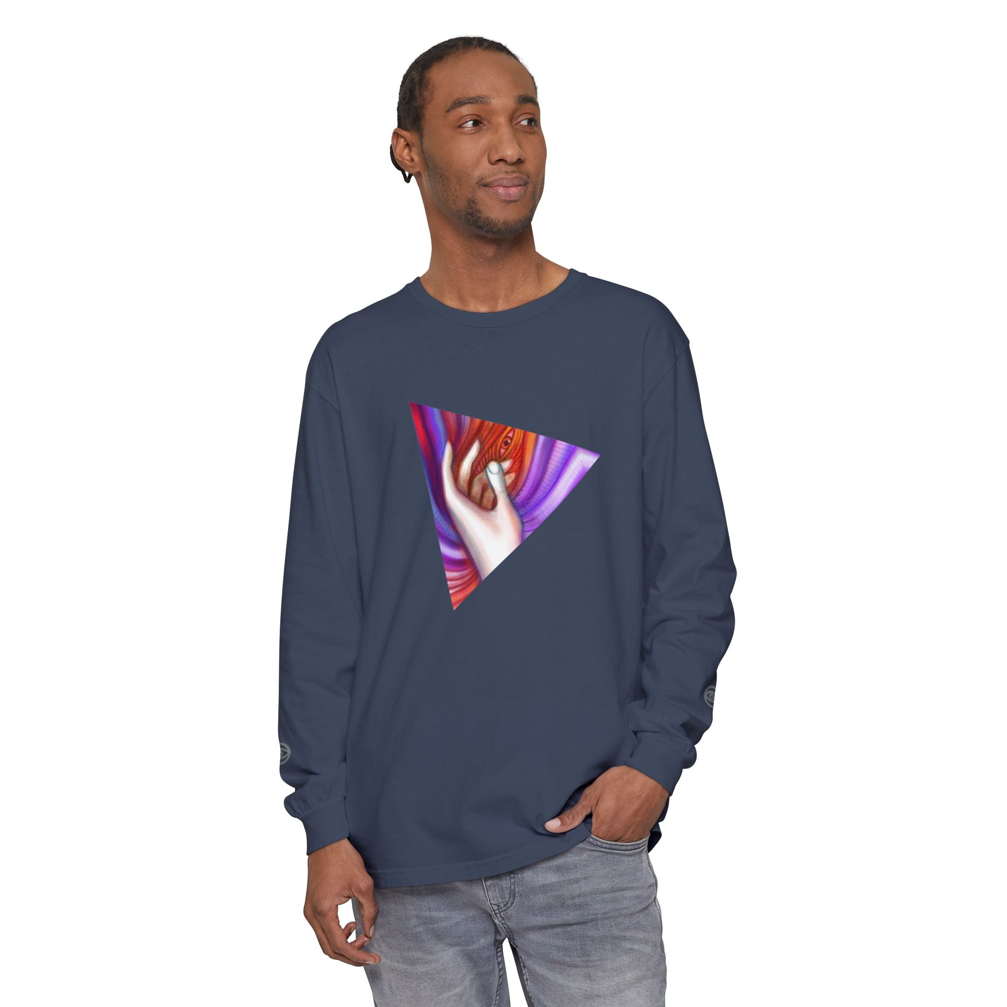 Long Sleeve T-Shirt — Triangular Hand Art Graphic (White) #sh26774
