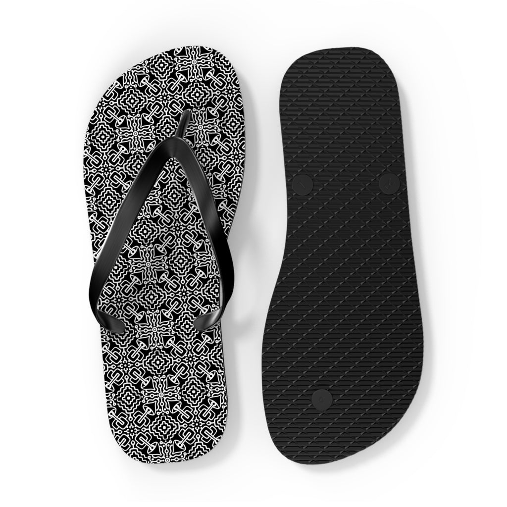 Monochrome Geometric Flip Flops — Black & White Aztec Pattern Beach Sandals #d98646