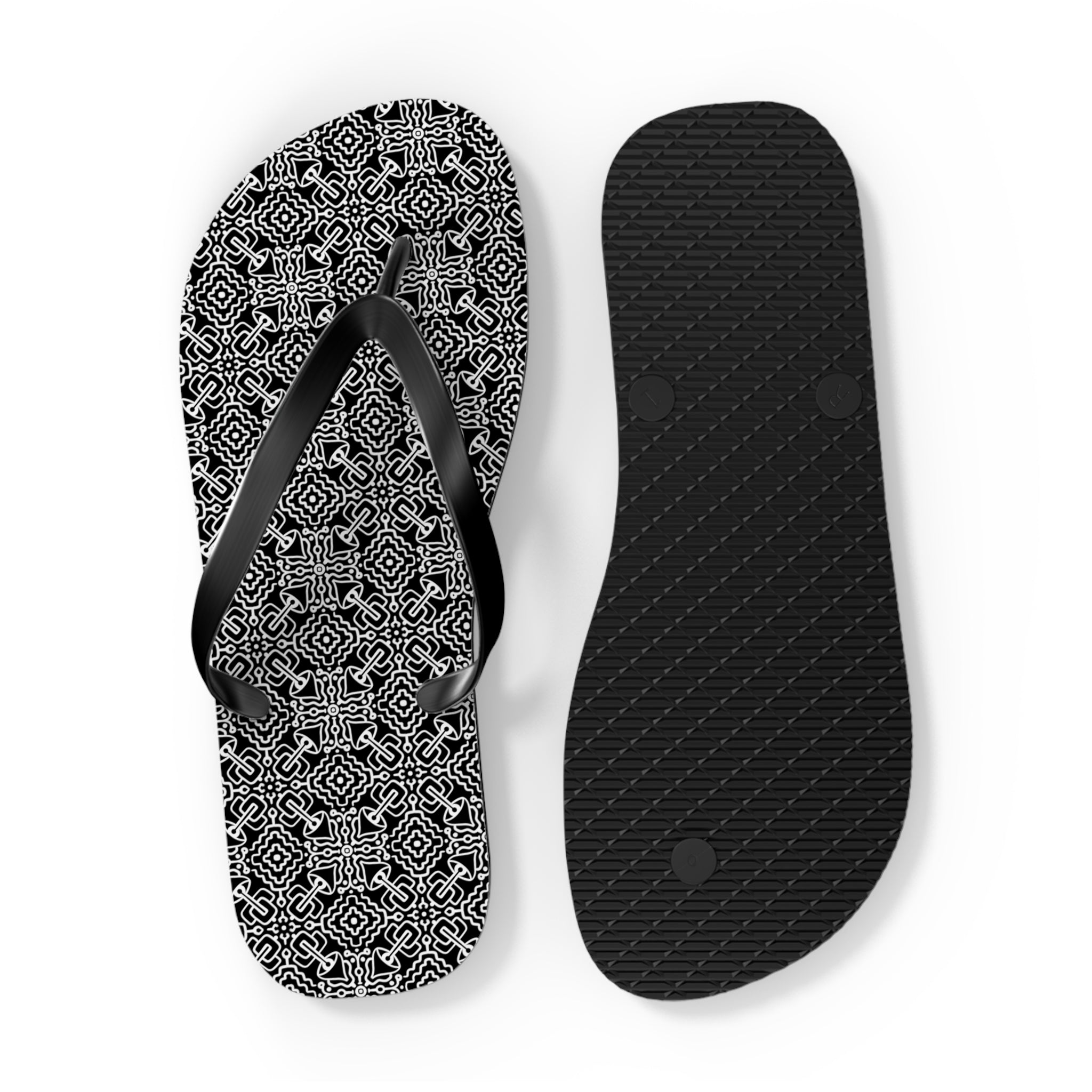 Monochrome Geometric Flip Flops — Black & White Aztec Pattern Beach Sandals #d98646