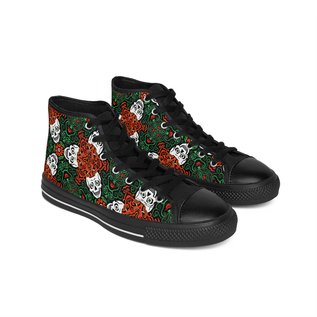 High-Top Sneakers — Floral Skull Pattern in Green & Red #dft35764