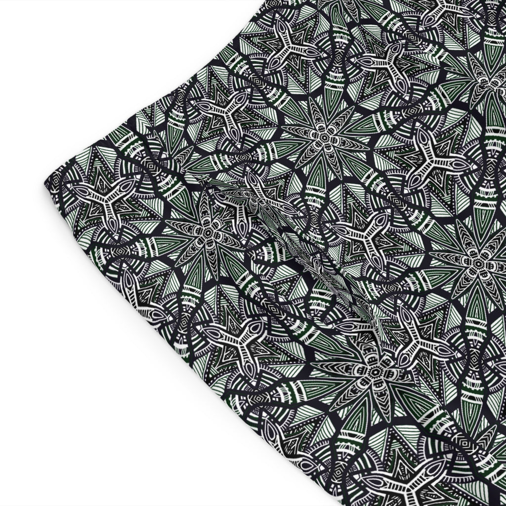 Men's Kaleidoscope Pattern Board Shorts — Green Geometric Swim Trunks #jg886479