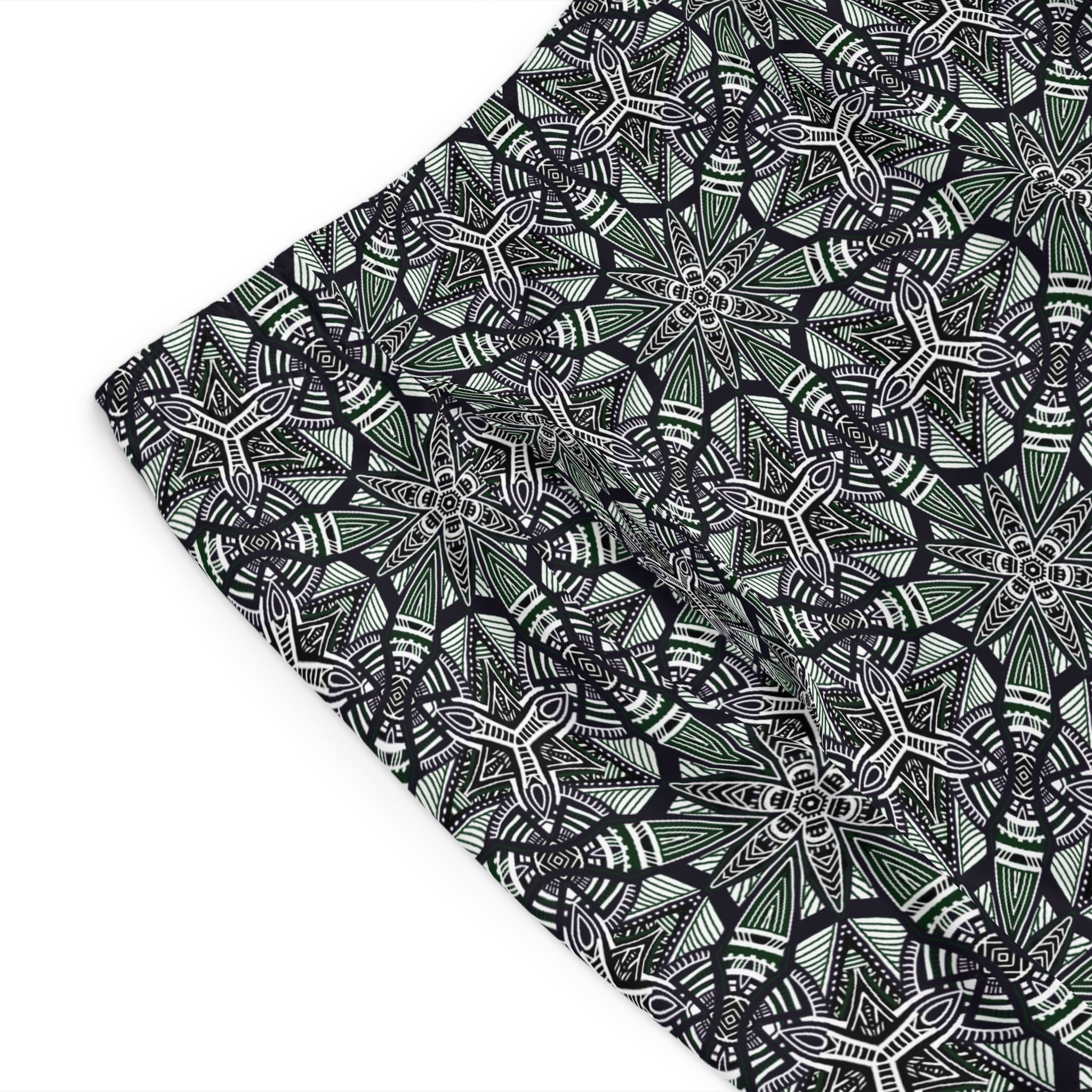 Men's Kaleidoscope Pattern Board Shorts — Green Geometric Swim Trunks #jg886479