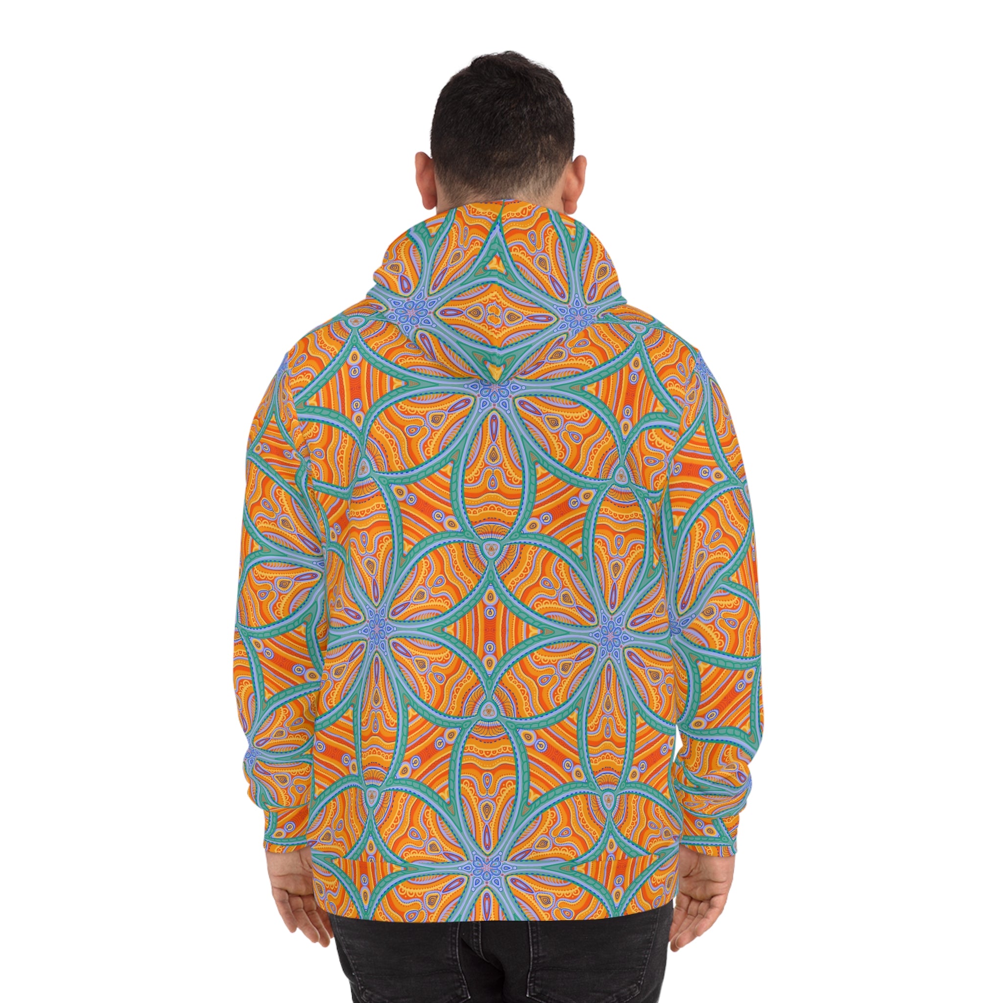 Abstract Psychedelic Pattern Hoodie — Orange Blue Geometric AOP #f9346789