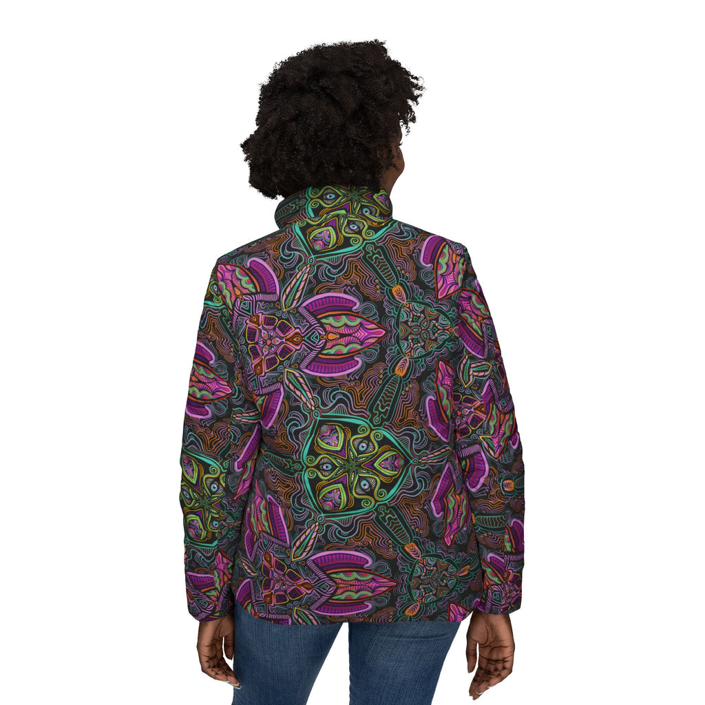 Puffer Jacket — Psychedelic Floral Kaleidoscope Print, Women's All-Over Pattern #pj469