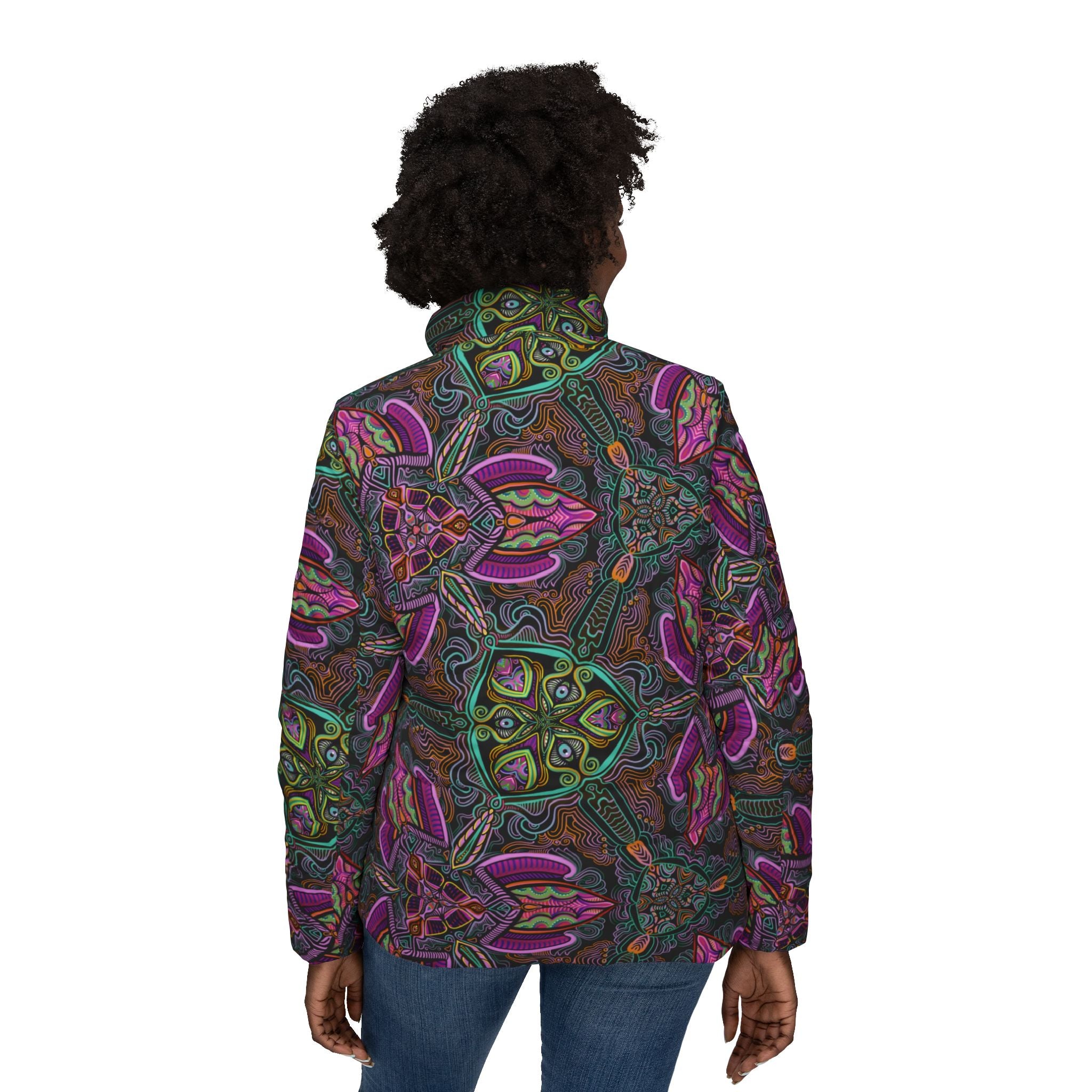 Puffer Jacket — Psychedelic Floral Kaleidoscope Print, Women's All-Over Pattern #pj469