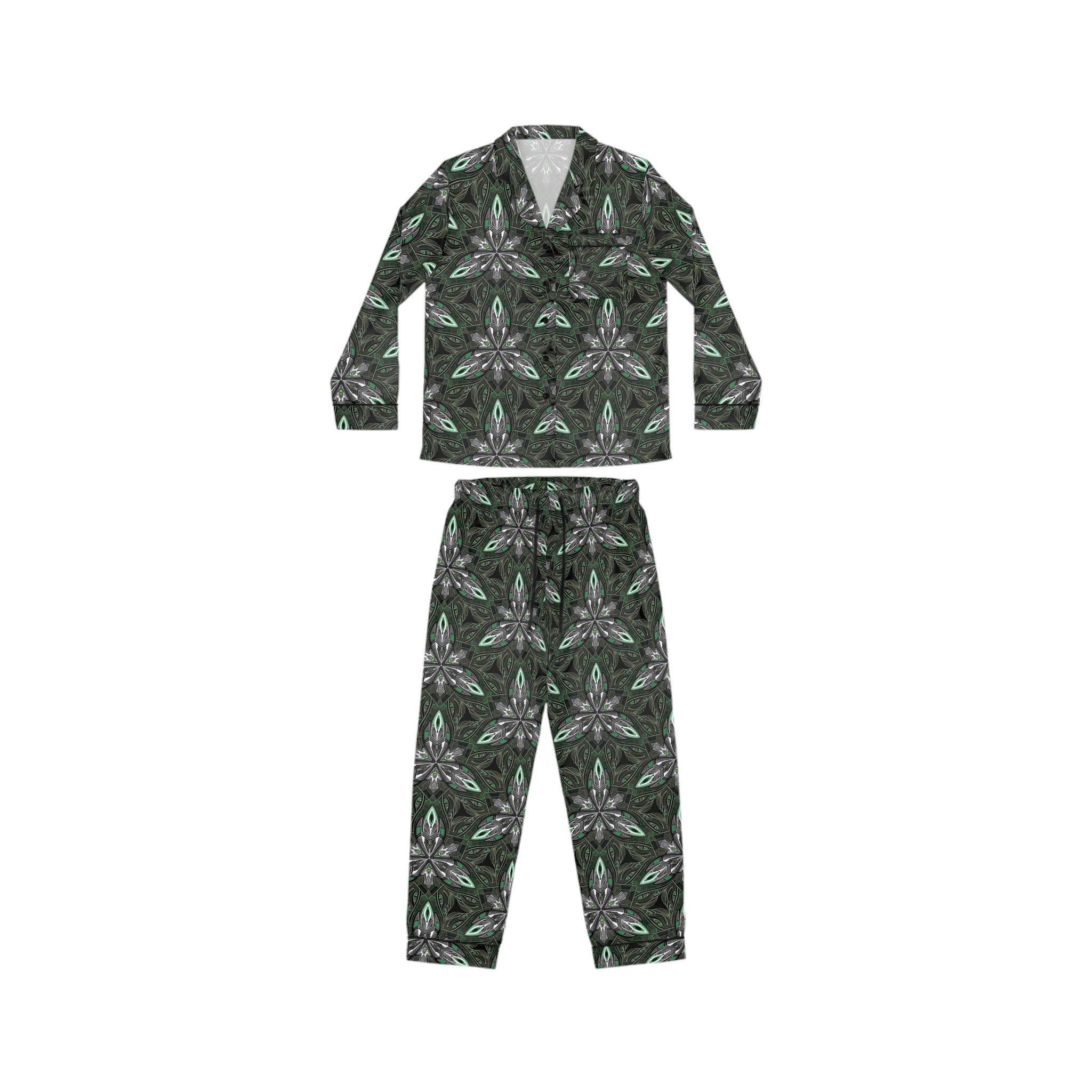 Satin Pajama Set — Green Floral Kaleidoscope Women's Sleepwear #gdc7643
