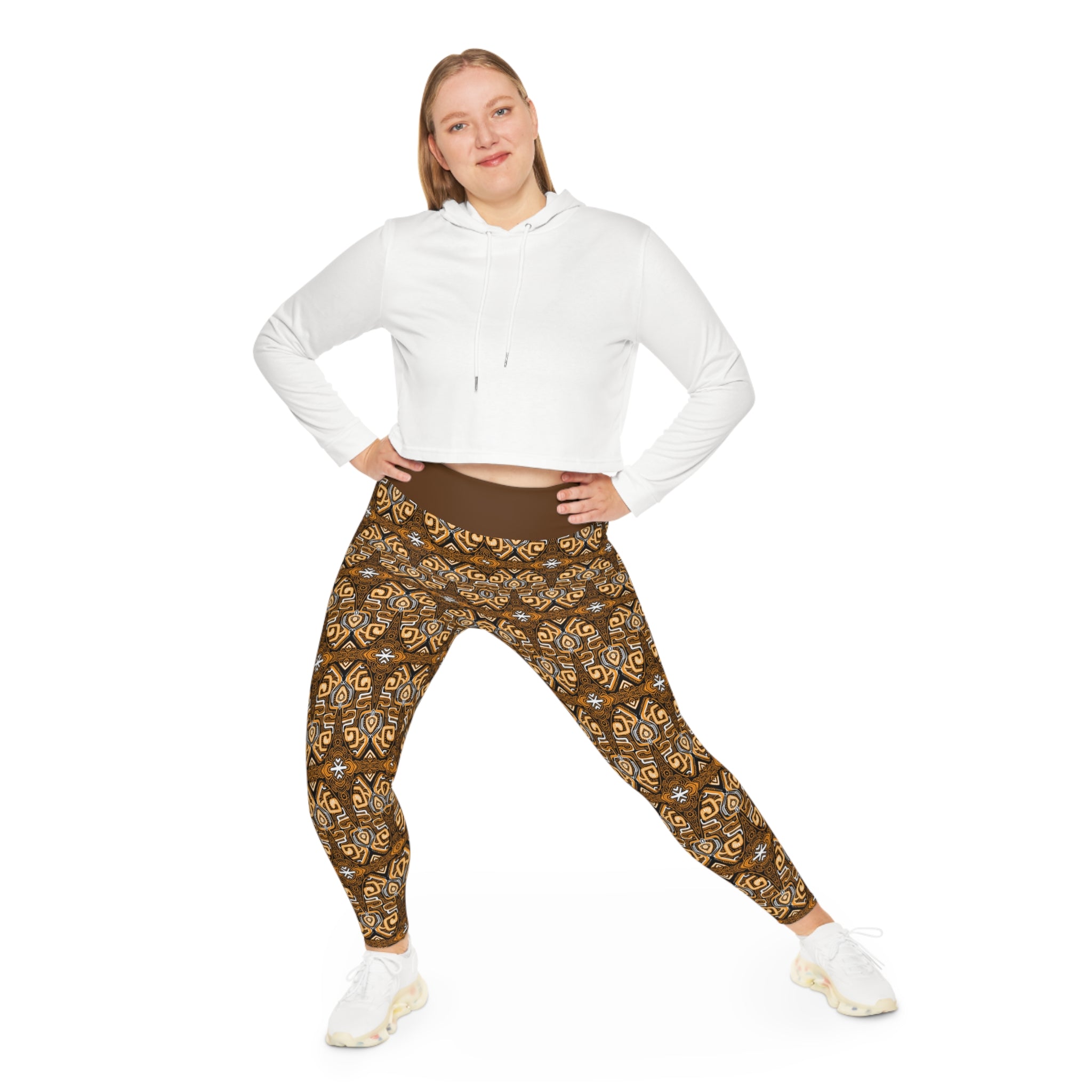 Plus Size Aztec Pattern Leggings — Brown Tribal All-Over Print #fdg6598