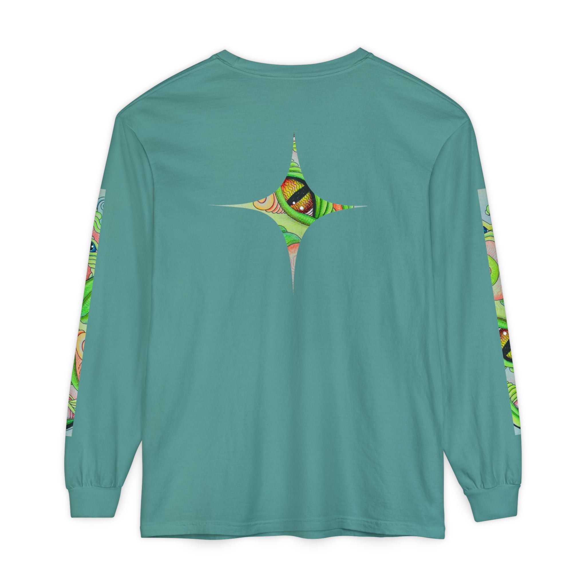 Psychedelic Green Triangle Long Sleeve Tee — Tribal Star Sleeve Artwork #gf086357