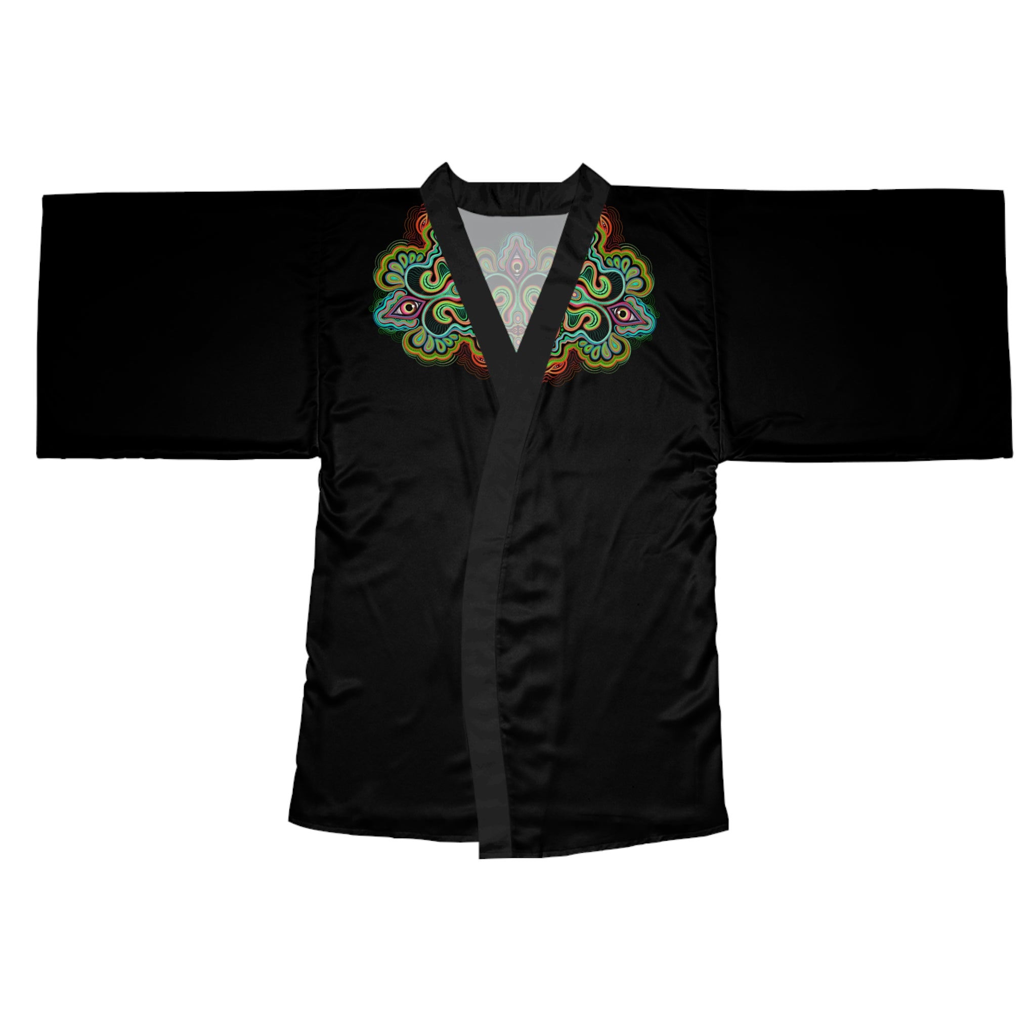 Black Kimono Robe with Colorful Mandala Accent – Long Sleeve Lounge Kimono #ki5