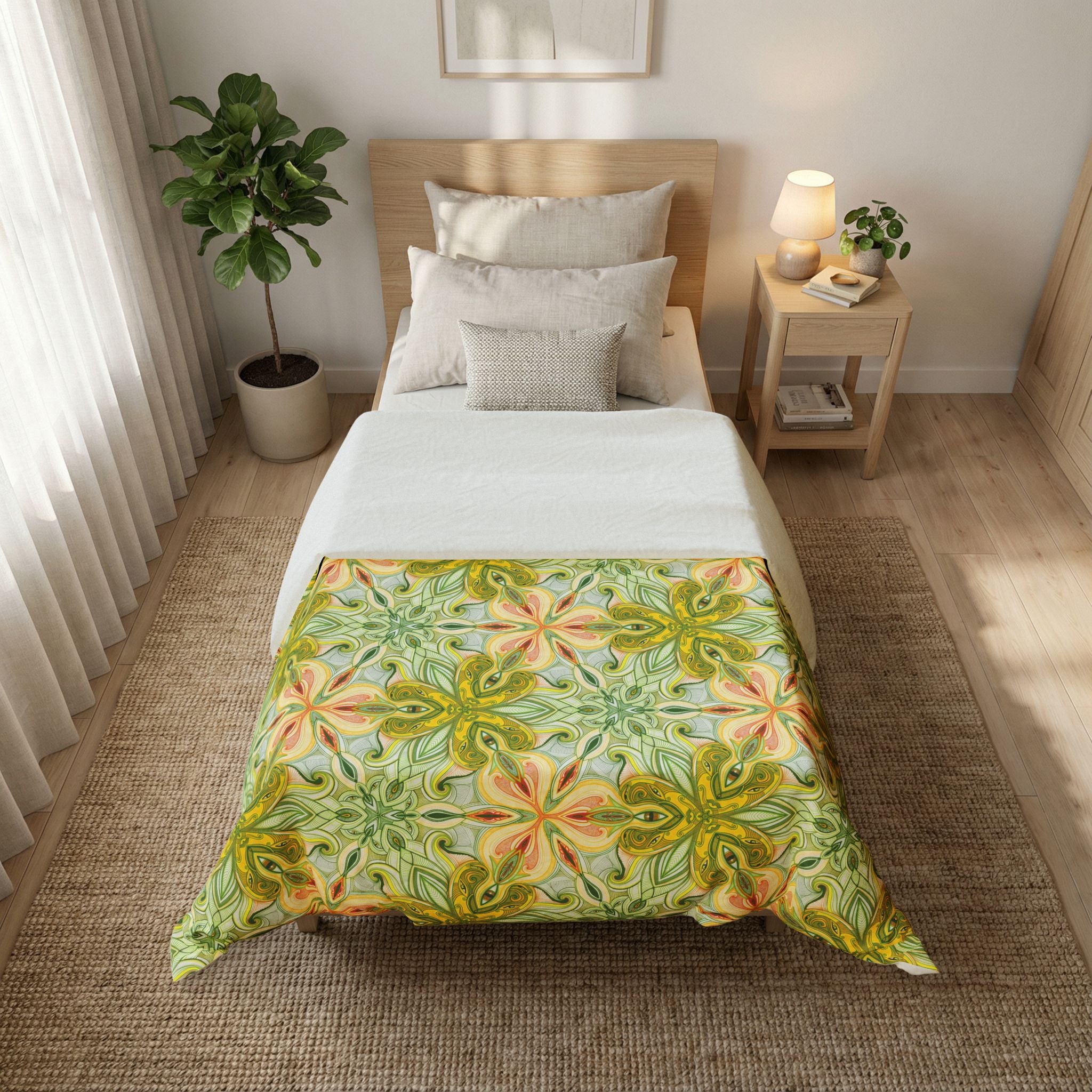 Botanical Kaleidoscope Cotton Duvet Cover — Green Floral Geometric Bedding #gf9866