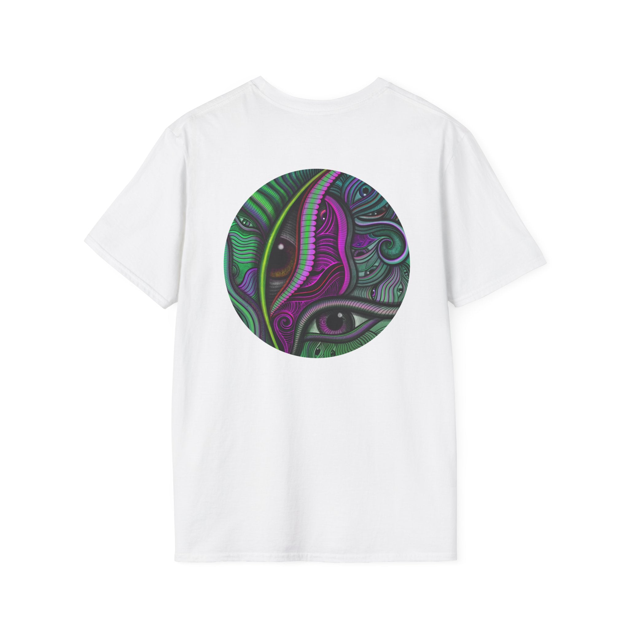 Psychedelic Eye Graphic T-Shirt — Abstract Purple & Green Starburst Circle Design. #ts6