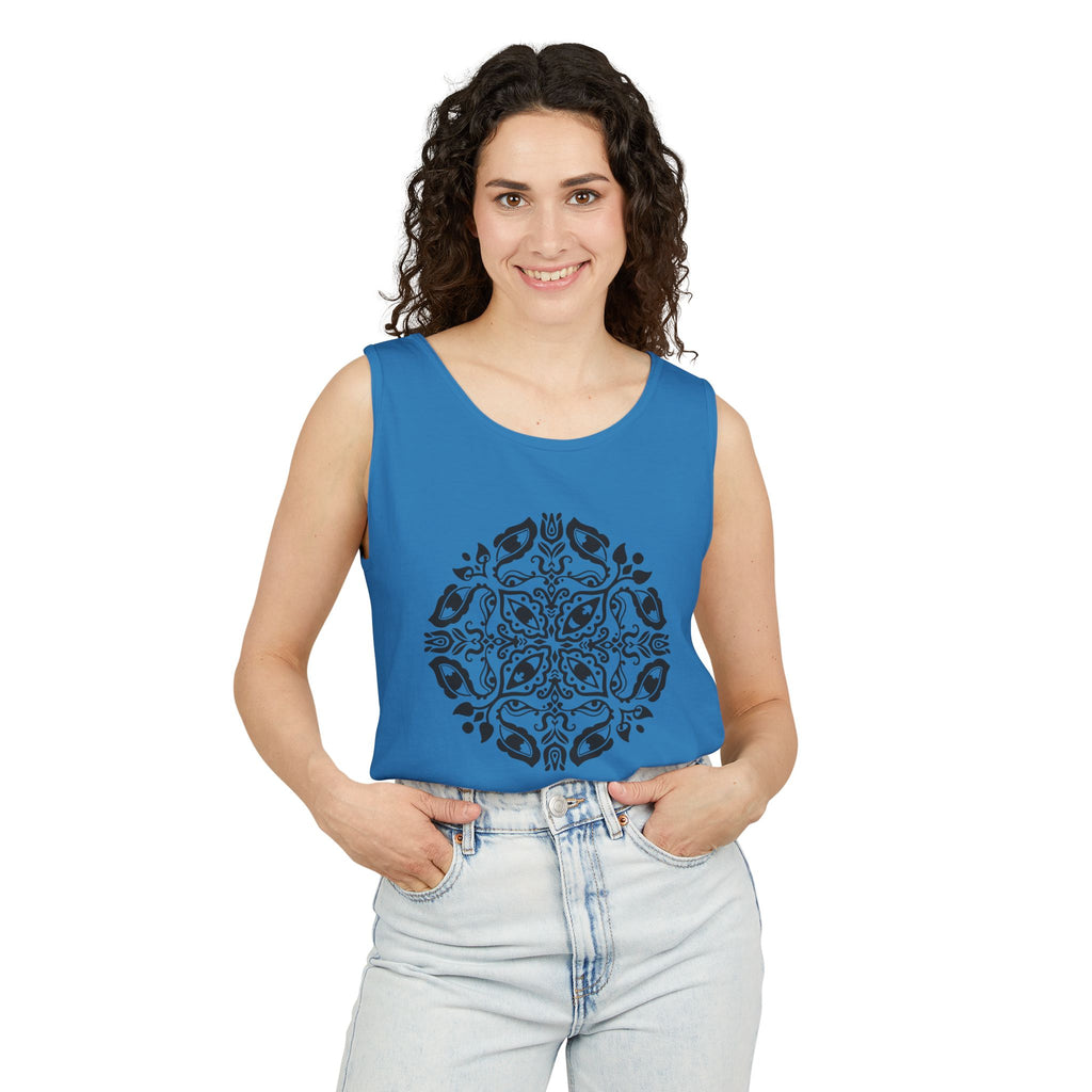 Boho Mandala Tank Top — Black Floral Circular Graphic Tank #fr3