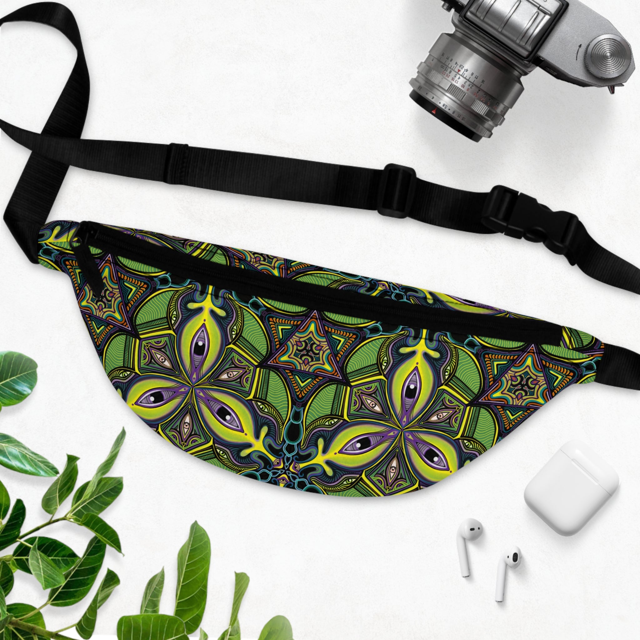 Green Kaleidoscope Fanny Pack — Psychedelic Floral Waist Bag #psb22