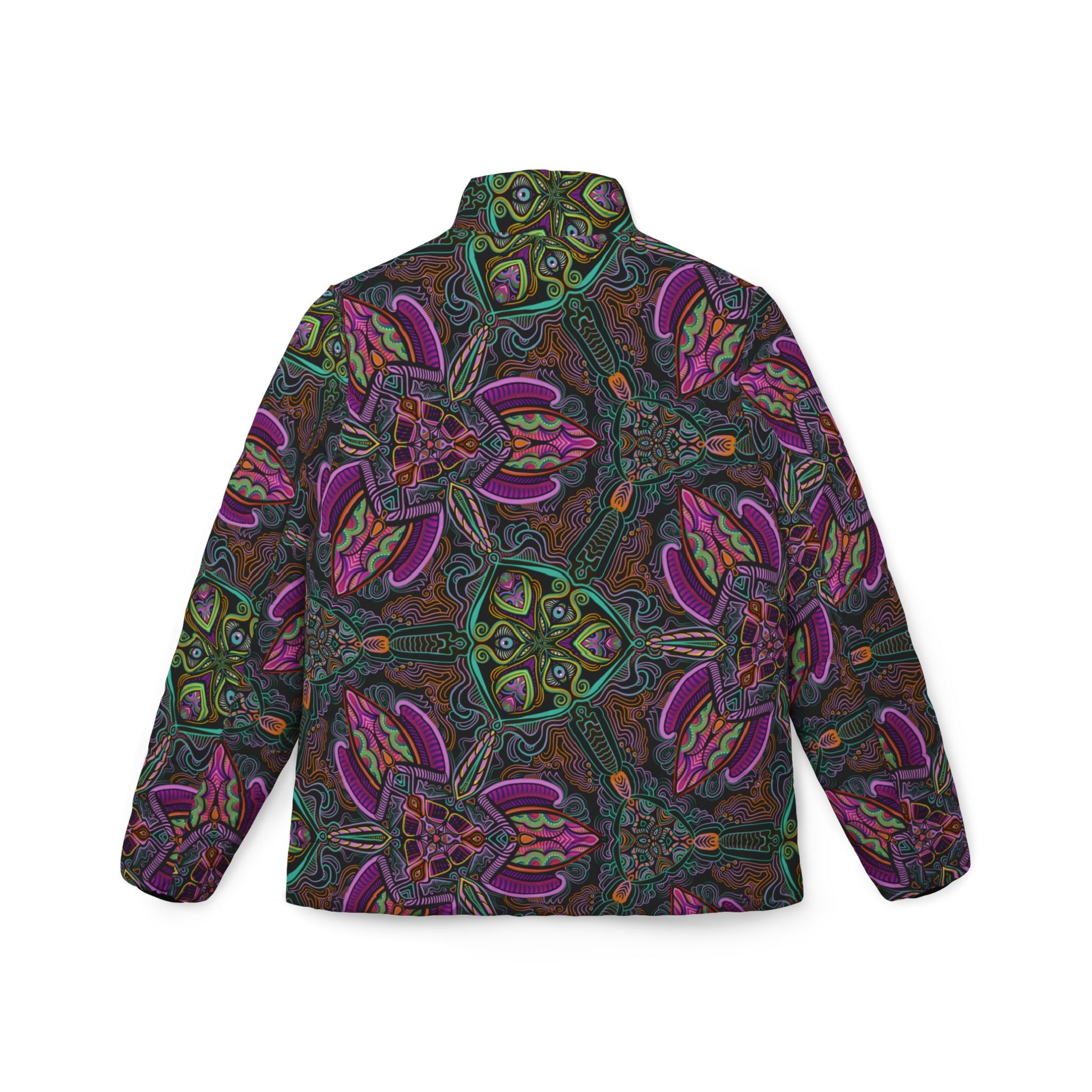 Puffer Jacket — Psychedelic Floral Kaleidoscope Print, Women's All-Over Pattern #pj469