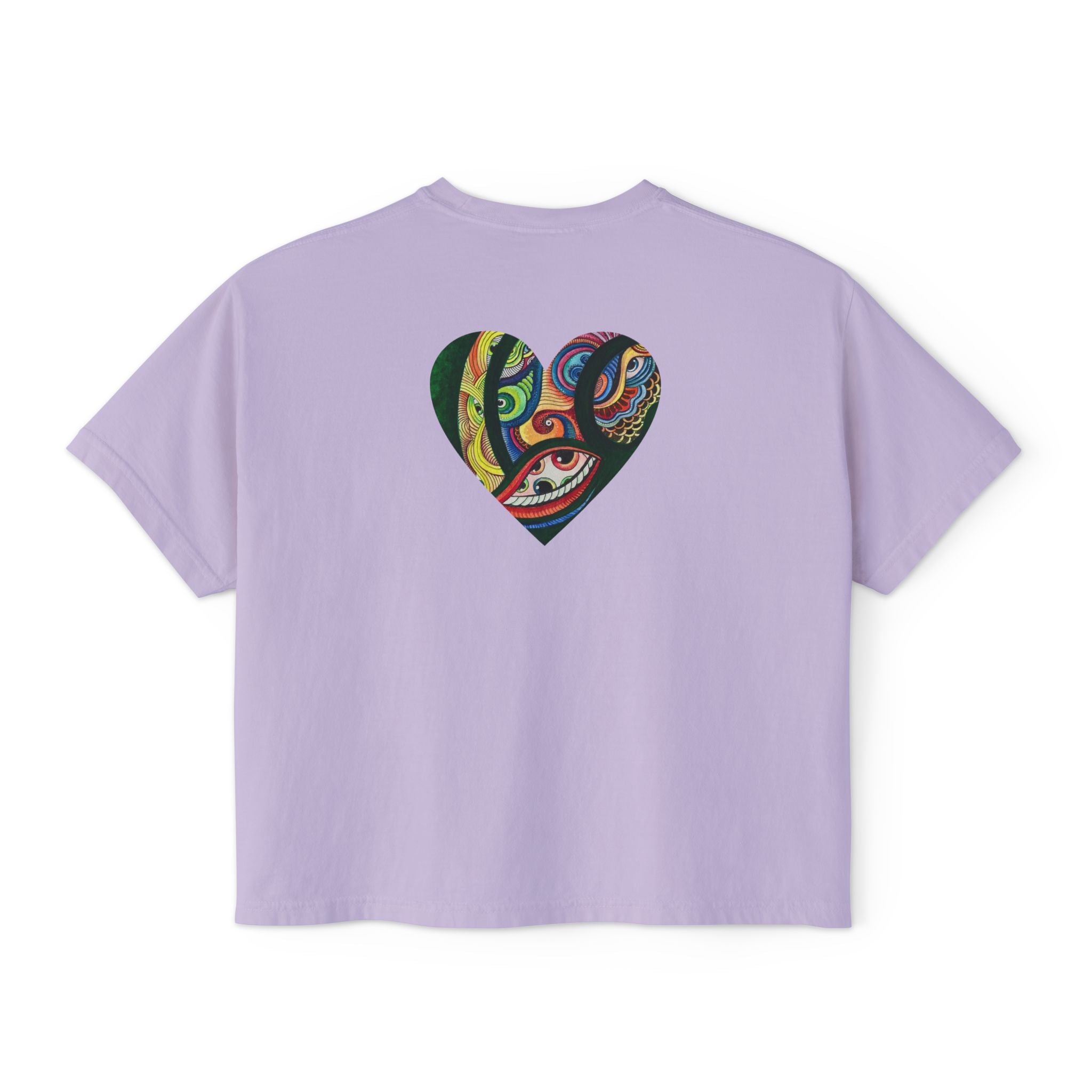 Women's Boxy Tee with Abstract Colorful Triangle (Front) & Heart (Back) Art — Casual Graphic Crop Top #hd9859