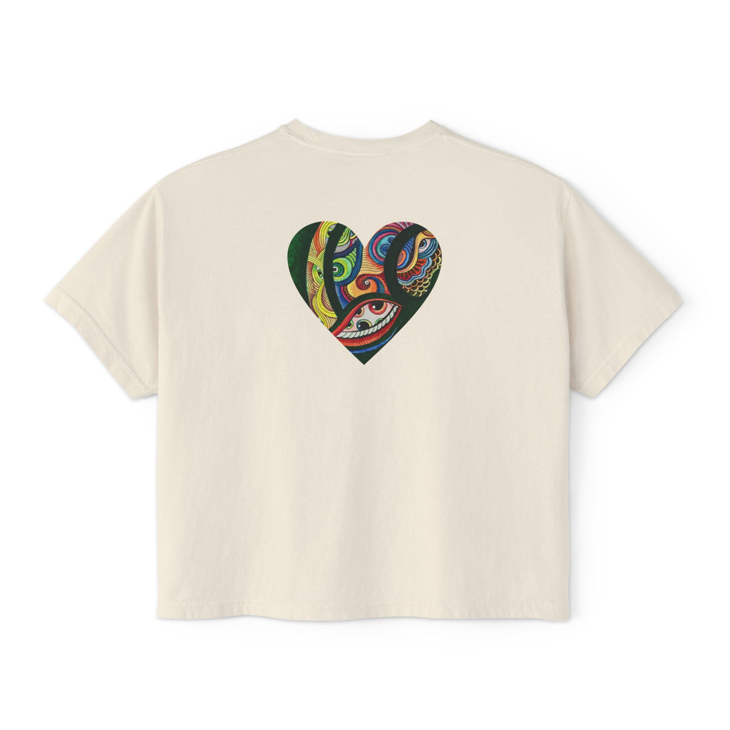 Women's Boxy Tee with Abstract Colorful Triangle (Front) & Heart (Back) Art — Casual Graphic Crop Top #hd9859