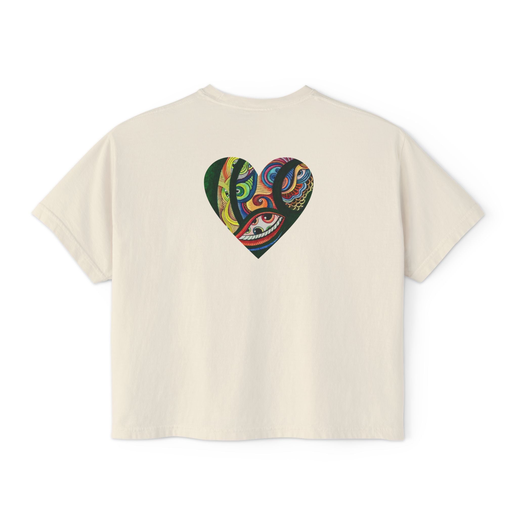 Women's Boxy Tee with Abstract Colorful Triangle (Front) & Heart (Back) Art — Casual Graphic Crop Top #hd9859